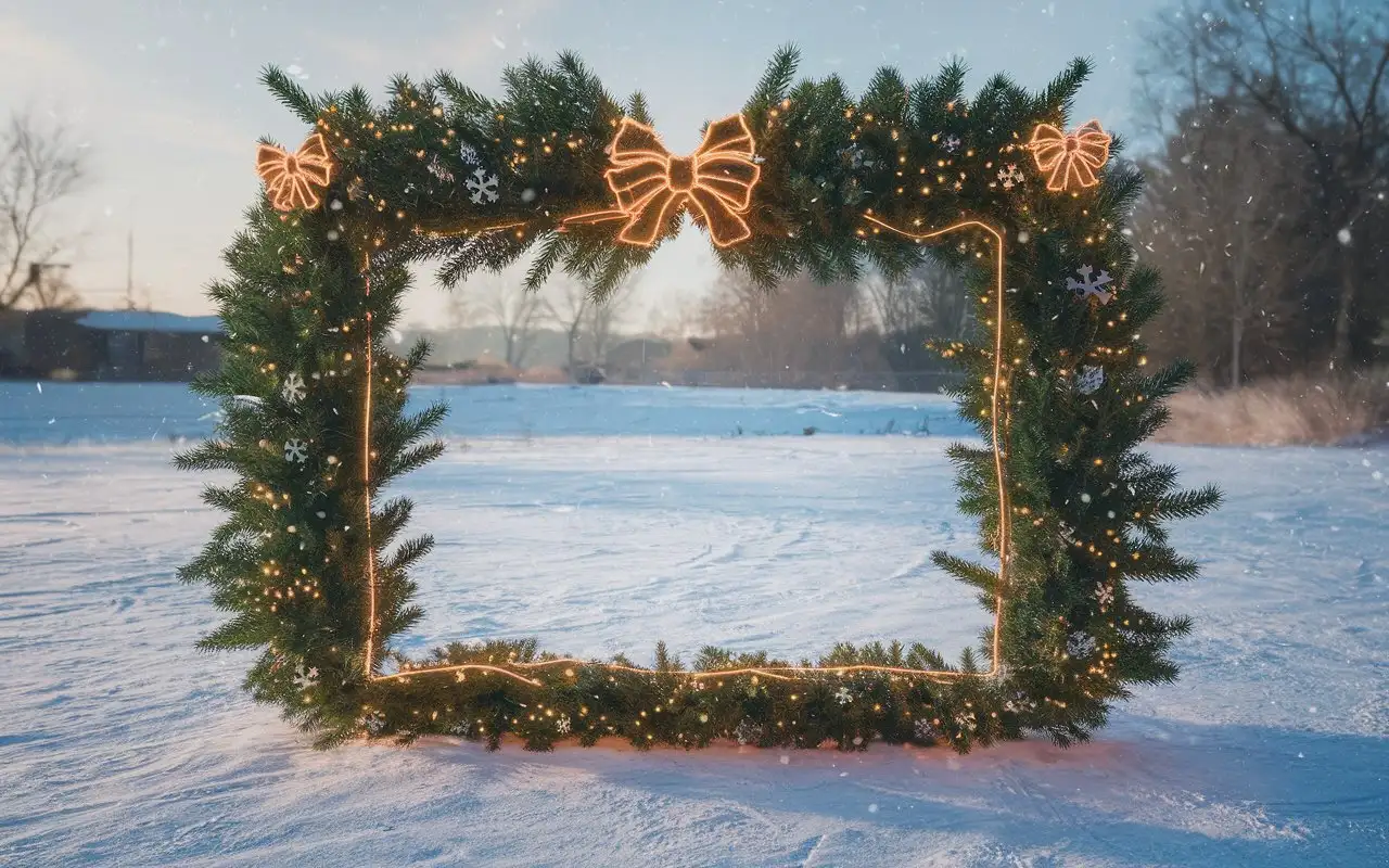 3D-Animation-of-Fir-Branch-Frame-with-New-Year-Decorations-and-Snowy-Nature-Background