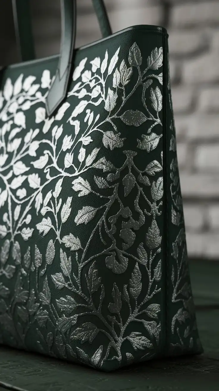 (Image Prompt for Stencil Sensation Section - Midjourney): /imagine close-up of a tote bag with a intricate stencil pattern of leaves and vines painted in metallic silver on a dark green canvas, detailed stencil work, elegant and refined style, photographed in a dimly lit studio, admiring, sophisticated, realistic --ar 1:1 --zoom 1.4