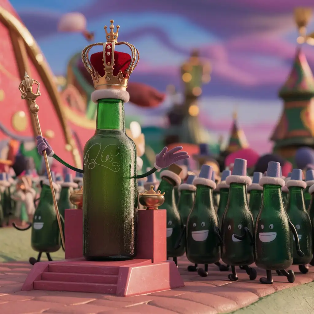 Cartoon-Bottle-Leading-Queen-and-Crowd-in-3D