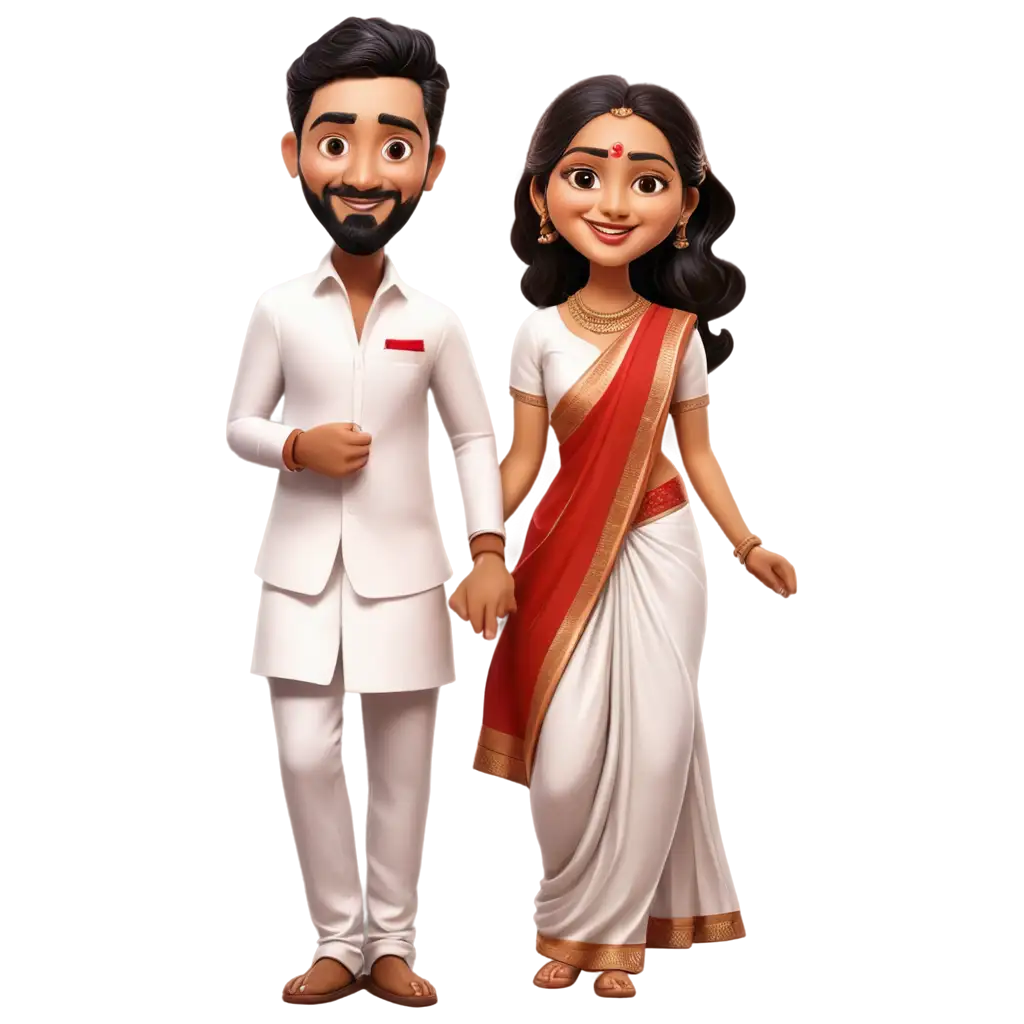 South-Indian-Couple-Wedding-Caricature-PNG-Image-Bride-in-White-Saree-with-Red-Border-and-Groom-in-White-Shirt-Holding-Lungi