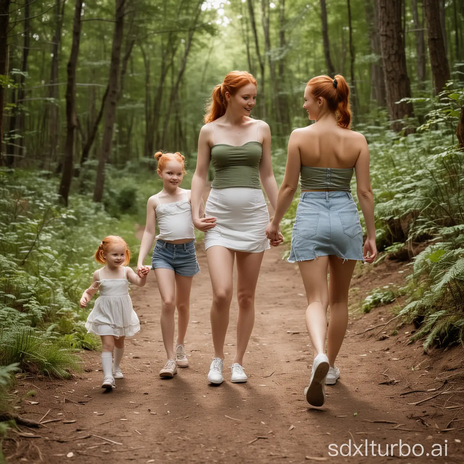 mother and several petite daughters walking down a forest trail.  Daughters are pregnant, have ginger hair in ponytails, and are wearing miniskirts and tight strapless cropped tops, each holding a child