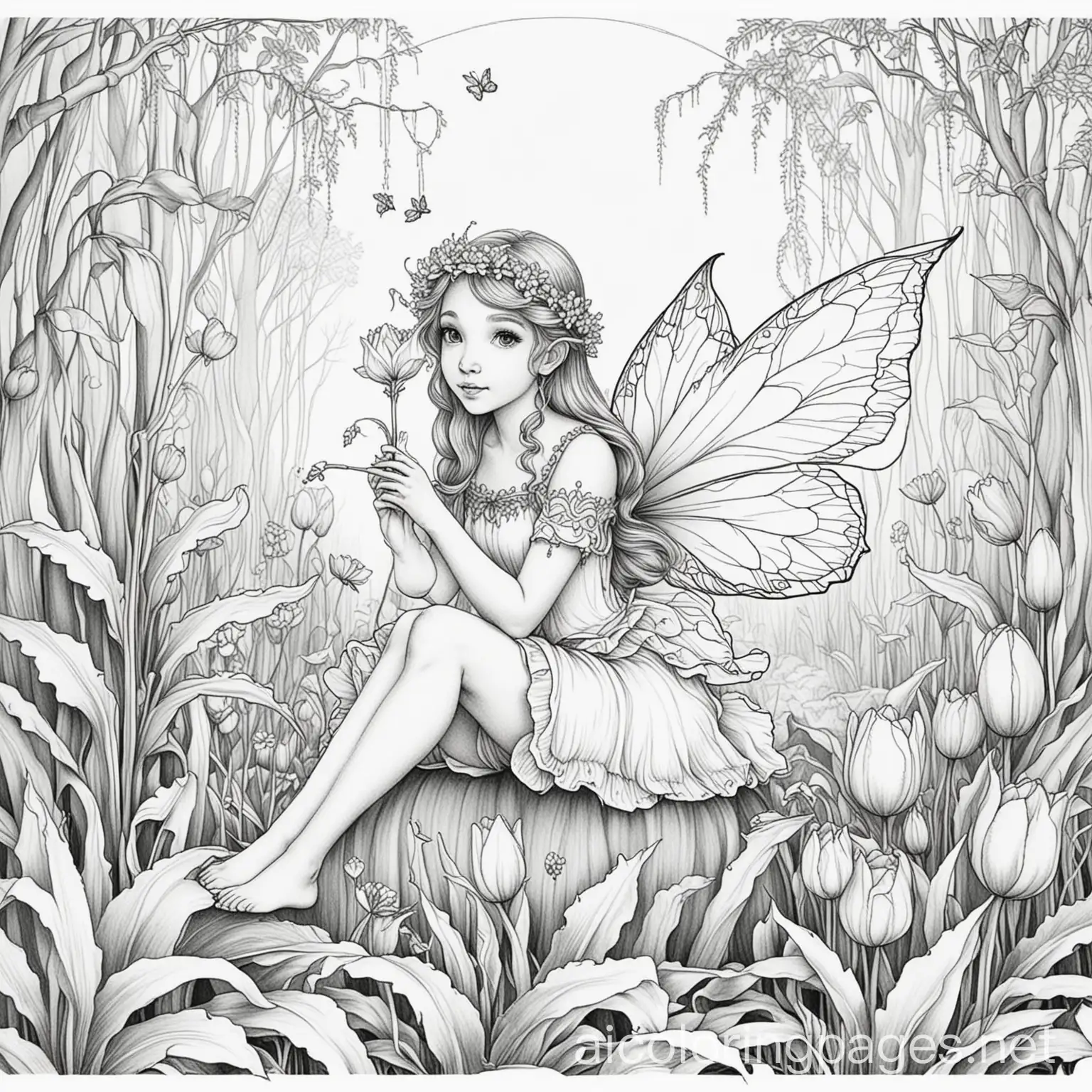 Magical-Forest-Fairy-Sitting-on-Tulip-Coloring-Page