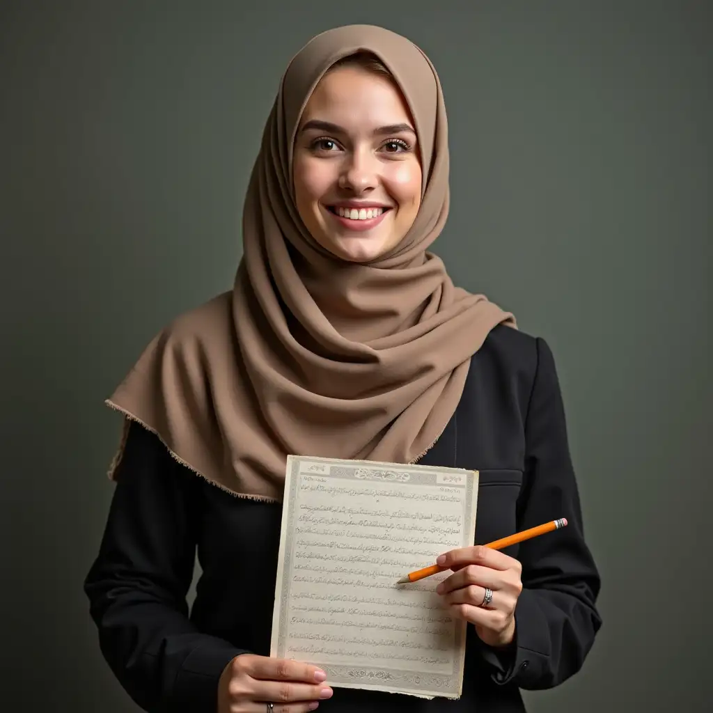 A kind teacher with a hijab and formal clothing, holding a paper and a pencil for calligraphy