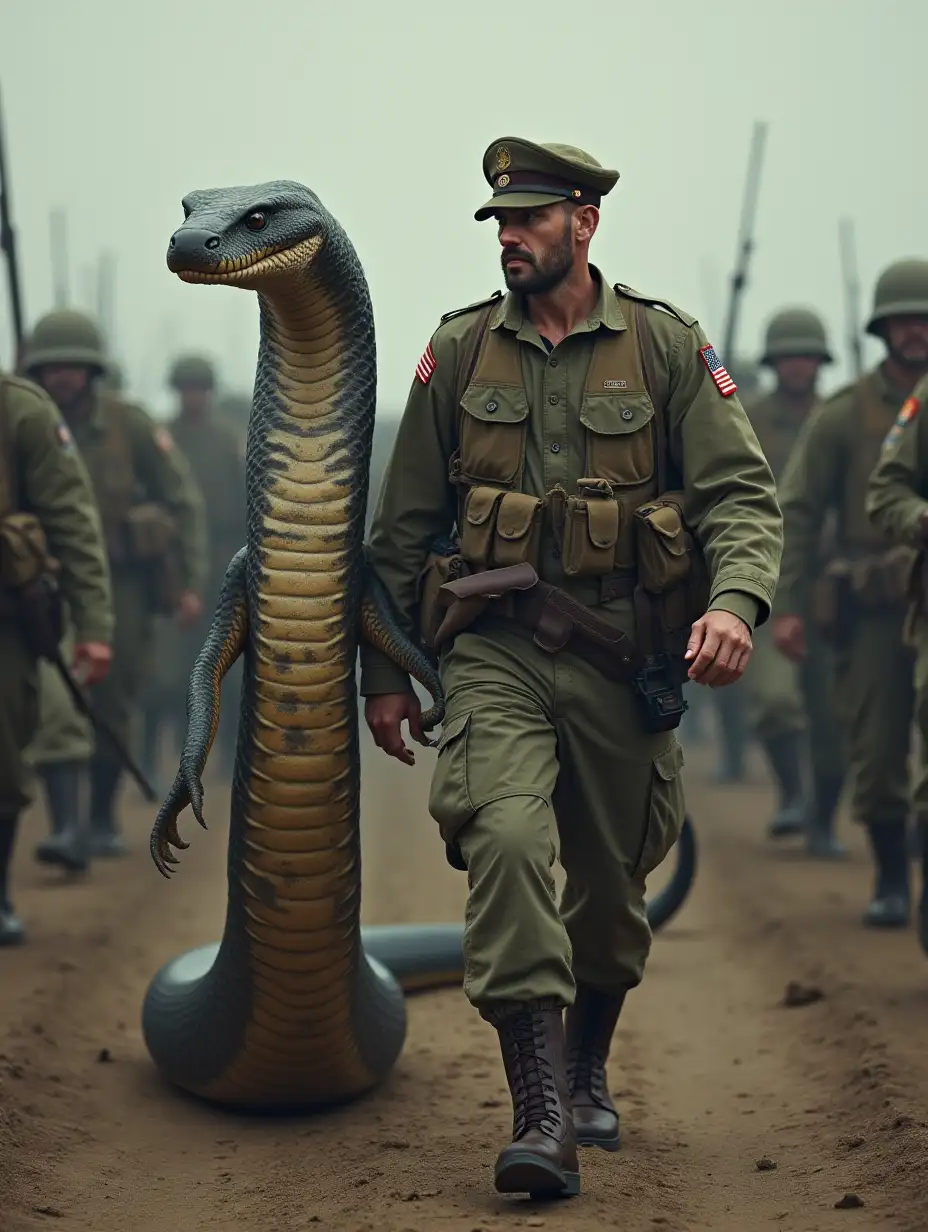 A man dressed as a United States soldier and a giant snake are walking together in the middle of a very frightening war