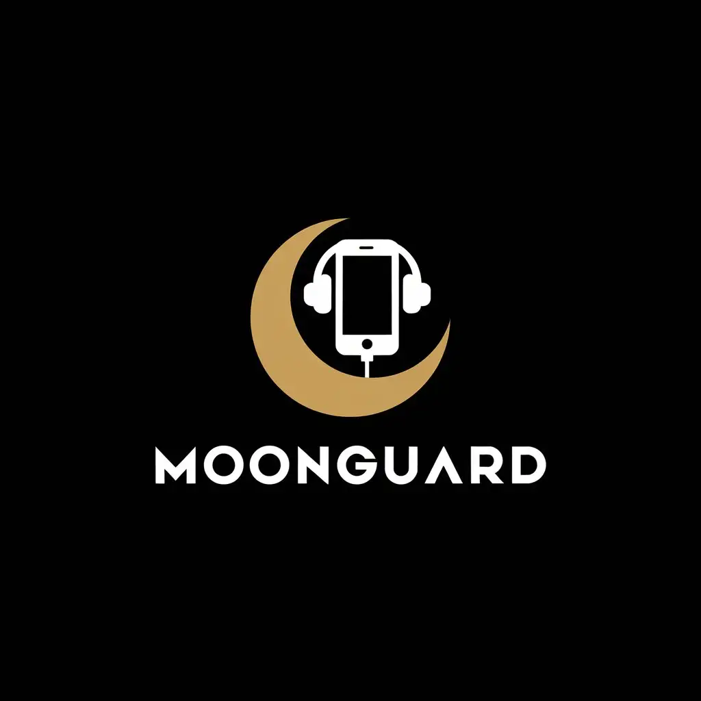 LOGO-Design-for-MoonGuard-Minimalist-Golden-Crescent-Moon-and-Cellphone-with-Accessories-on-Black-Background