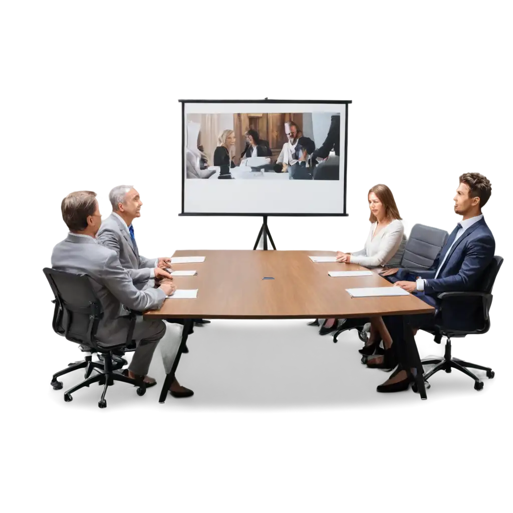 Board meeting is happening with professional at a big table with presentation on the screen