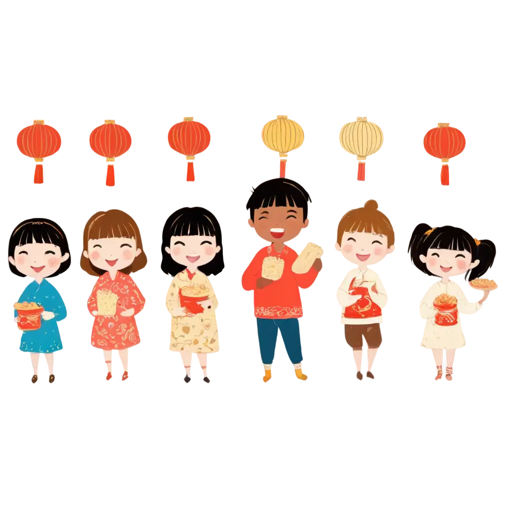 Colorful-Childlike-Anime-PNG-Stickers-Featuring-Kids-Enjoying-Chinese-Snacks