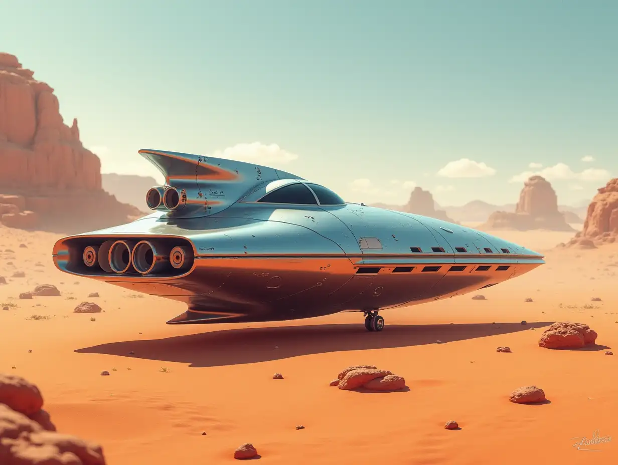 Create a high-gloss spaceship in the desert