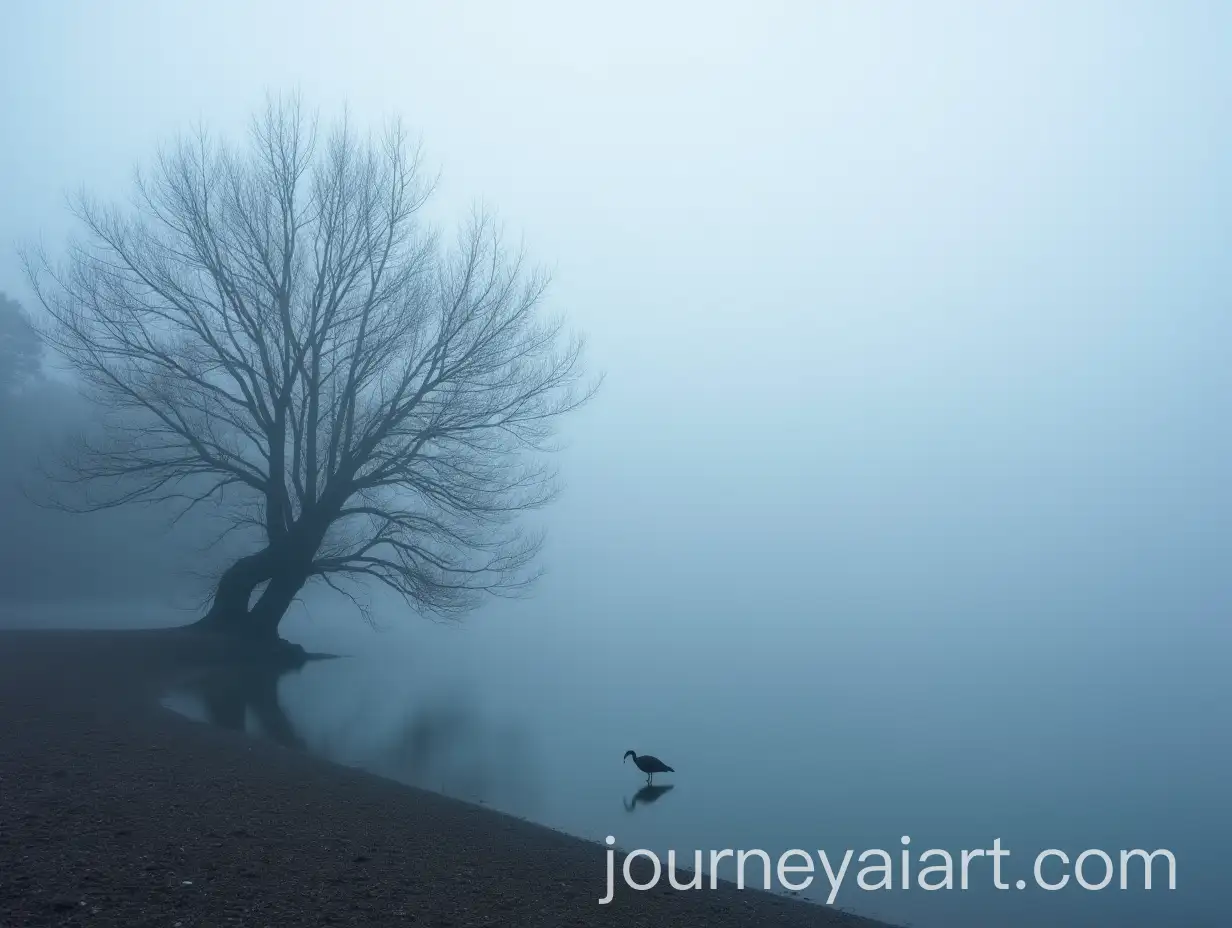 Misty-Lake-Landscape-with-Dry-Tree-and-Bird-on-Shore