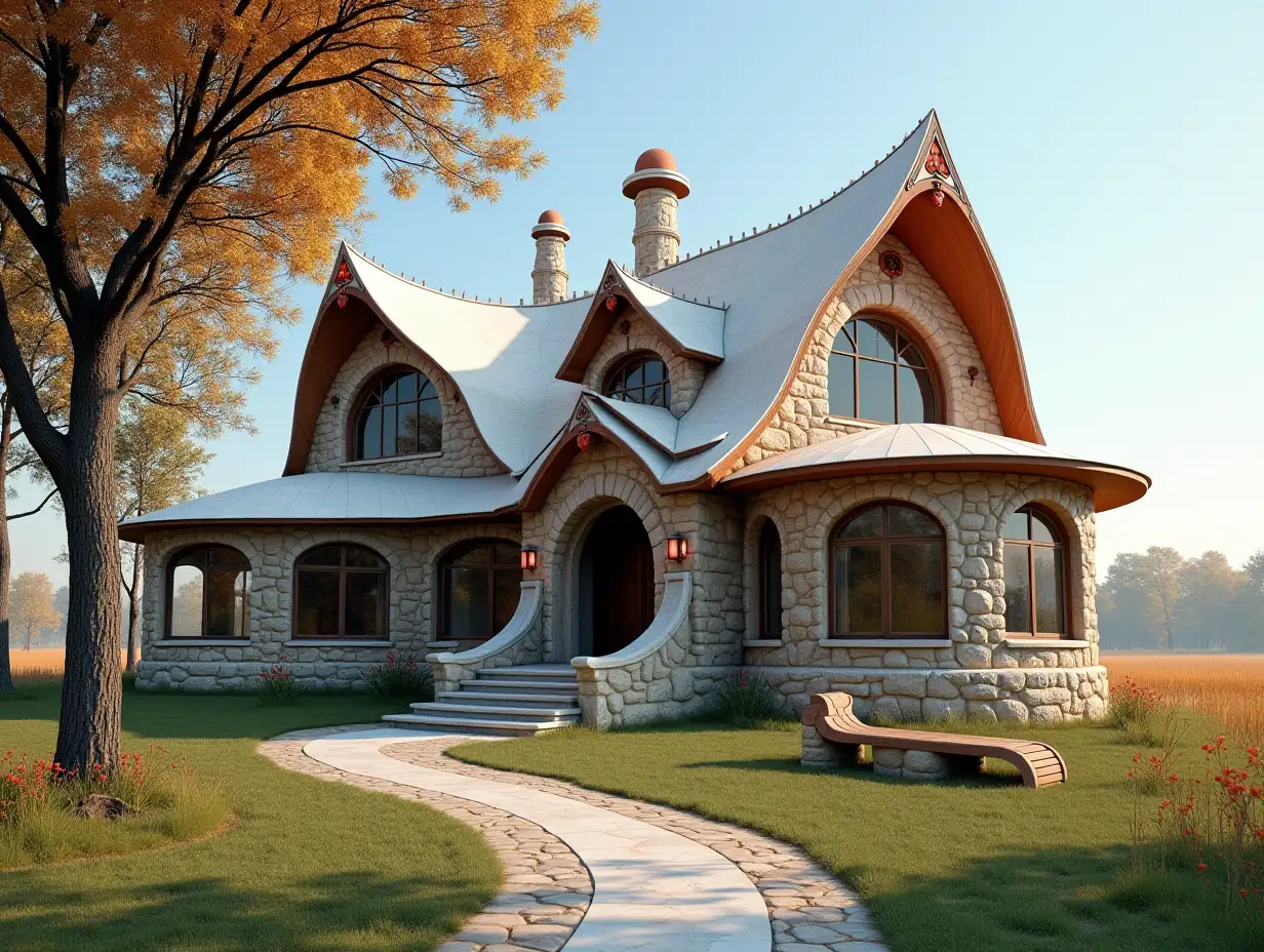 crooked house in the prairie - with bronze sculptures with red ornamentation in the form of triangular patterns, white roof, large windows with glass, curved, rough window shapes, winding grand entrance stairs made of marble a complex curved roof with lanterns, bench apple tree 4K resolution colorful super wide-angle shots