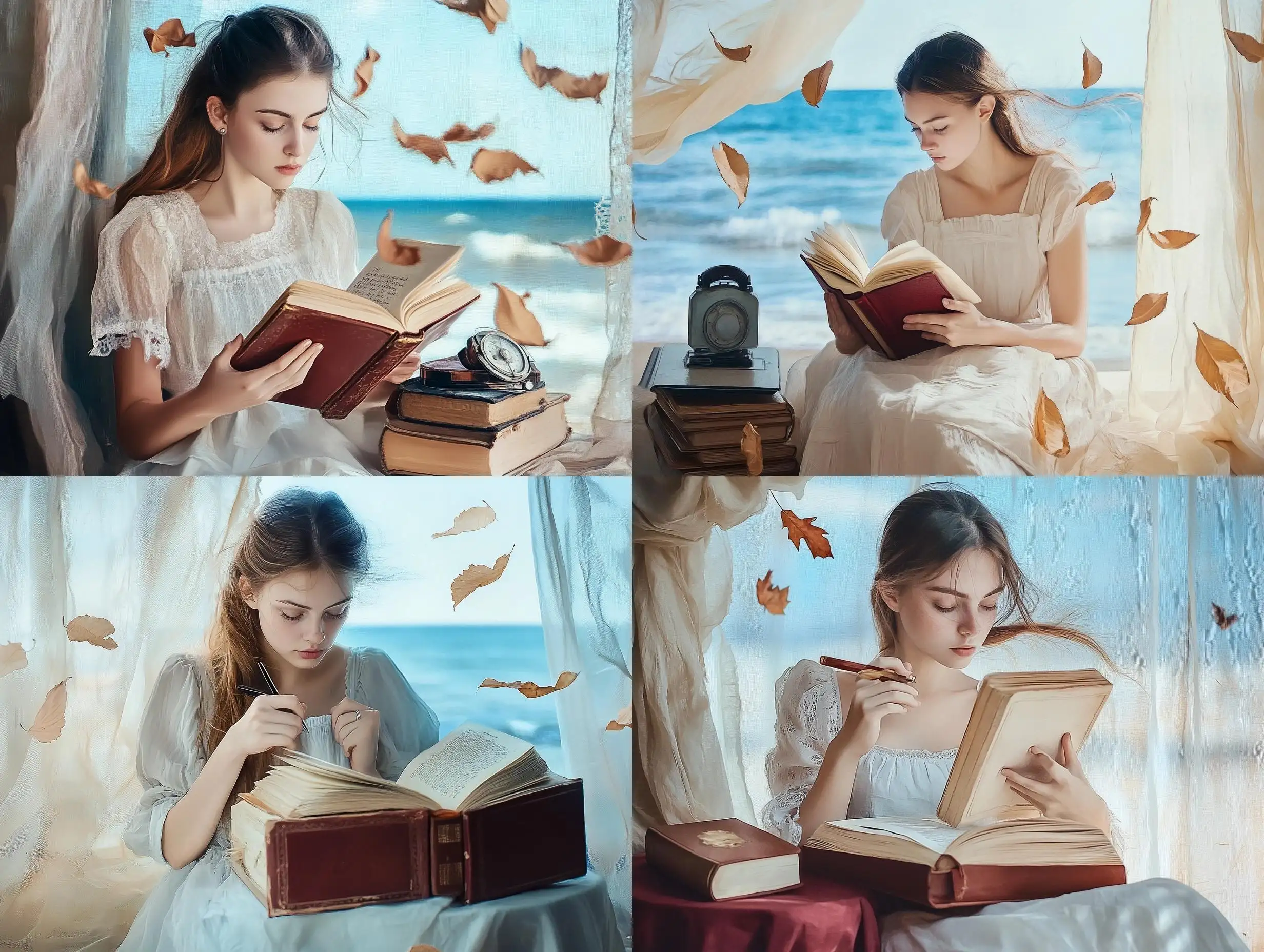 Girl-Writing-in-an-Old-Book-with-Wind-and-Sea-Retro-Film-Photography