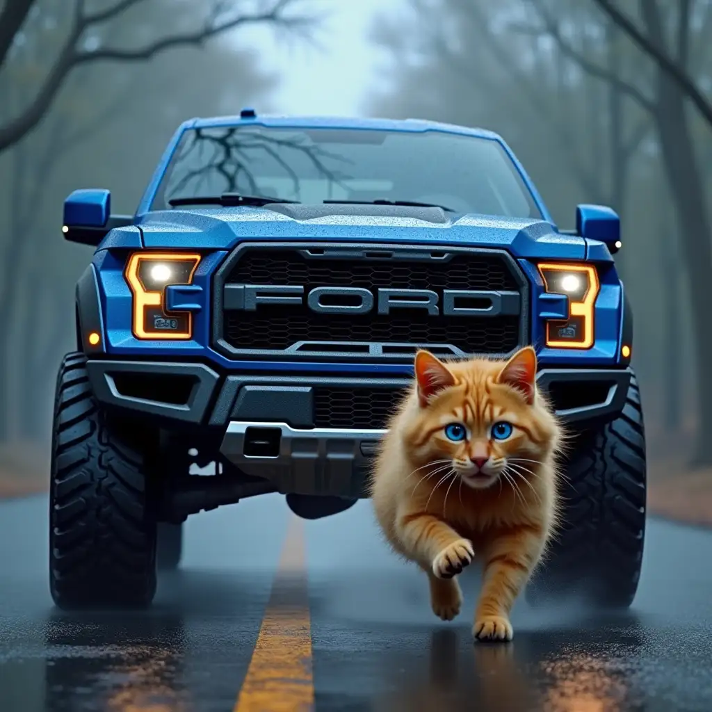 A huge blue ford f-150 raptor is chasing a shaggy ginger cat, who runs in fear along the road, one of the cat's eyes is blue, the other yellow, inside the car are scary punks, computer graphics, dark, rain