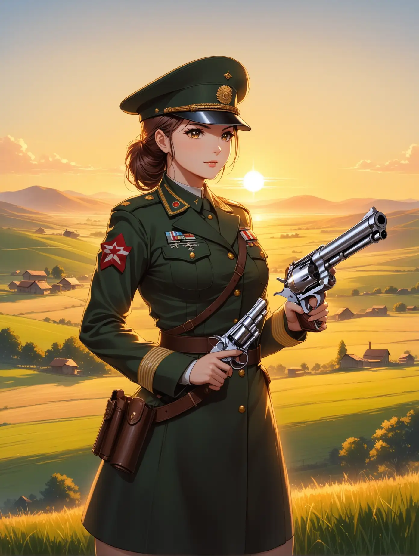 Military-Woman-Holding-Revolver-in-the-Countryside-at-Dawn