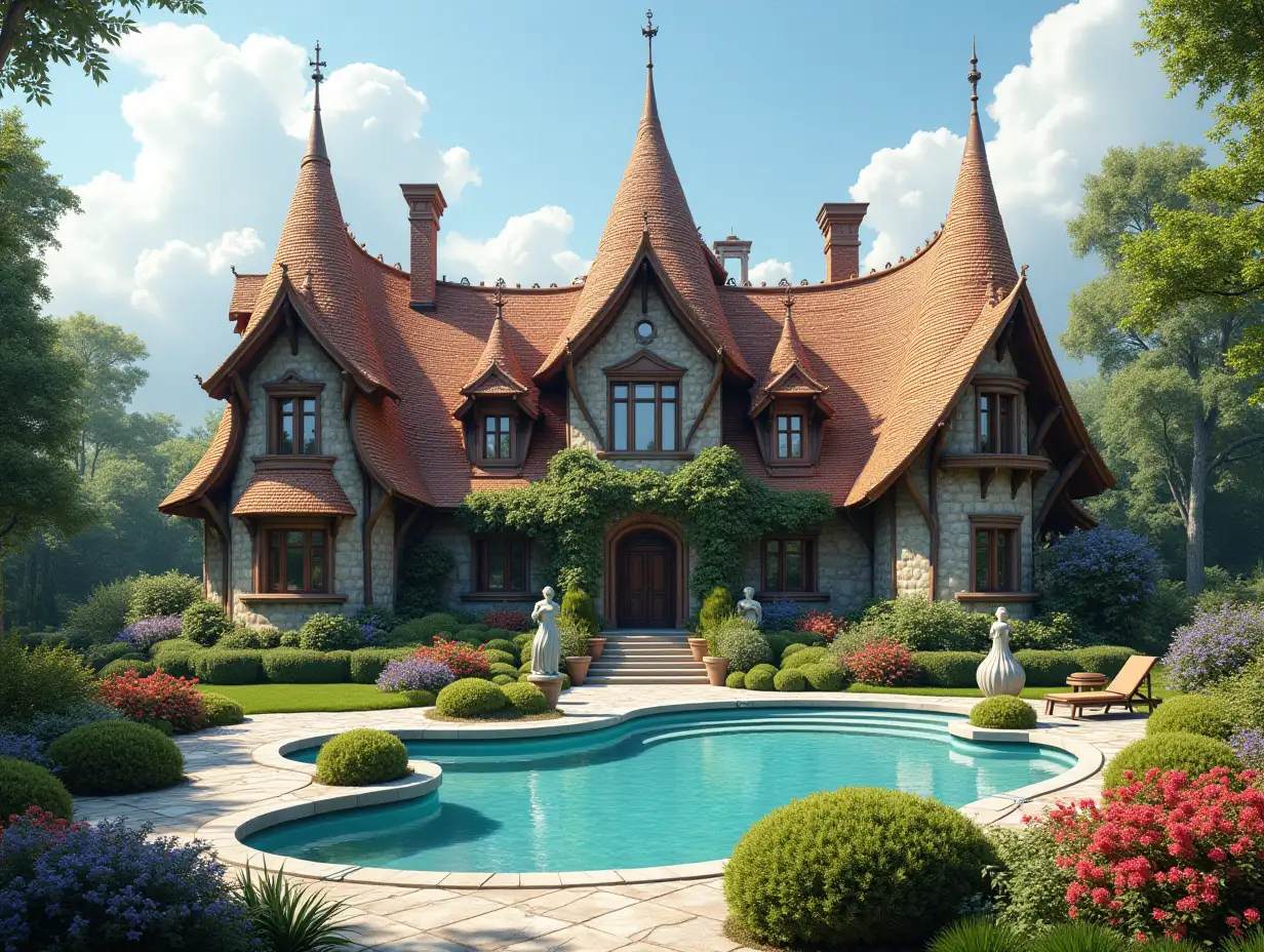 Create a house with twisted roofs, with a large garden and pool, colorful bushes and statues