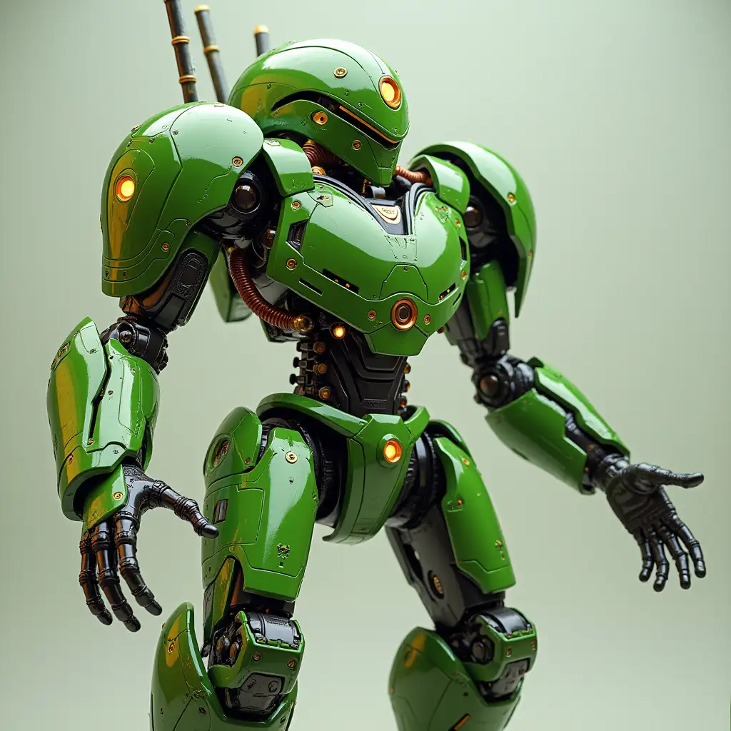 a cool techy robot warrior with bamboo green design transformer speaking Filipino