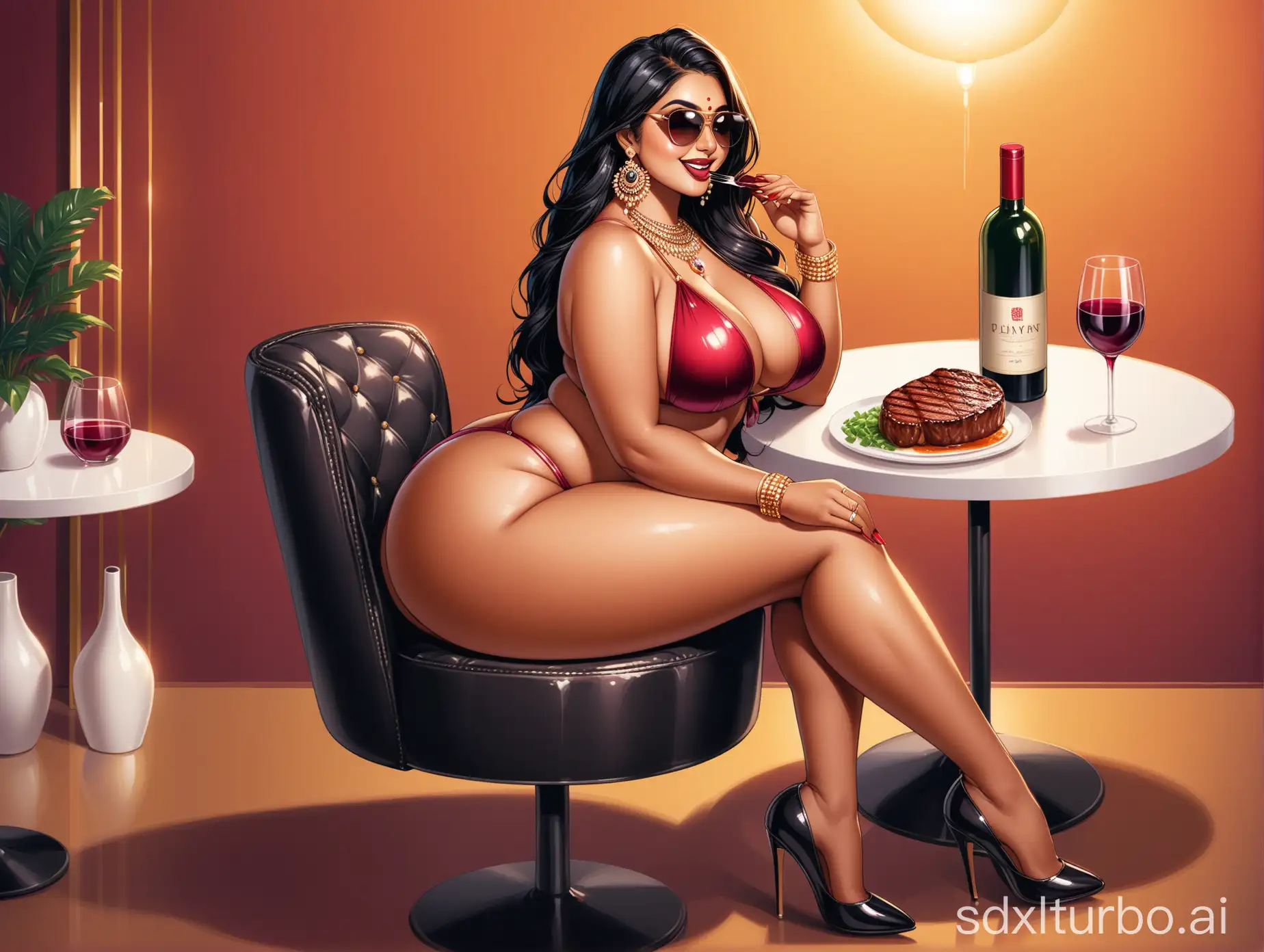 Stylish-Indian-Woman-in-Bikini-Enjoying-Steak-and-Wine