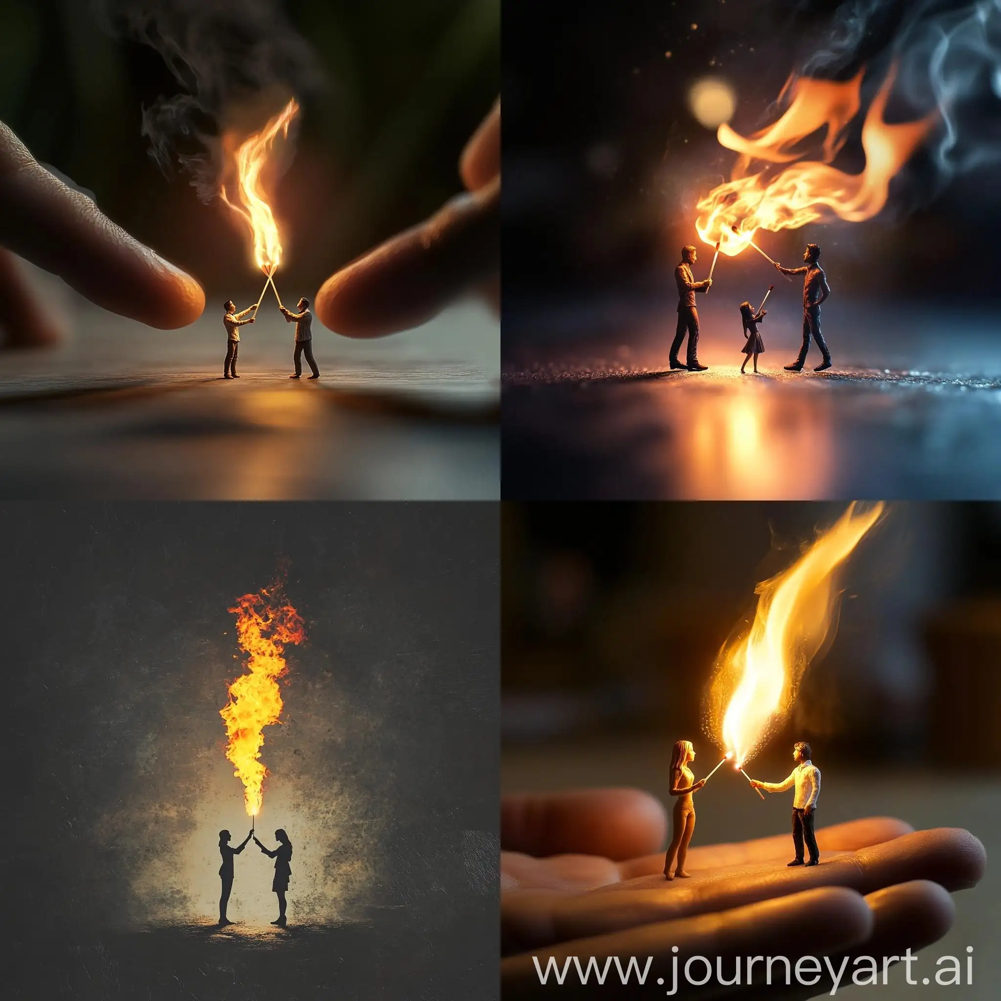 Man-and-Woman-Holding-Giant-Matches-with-Common-Flame