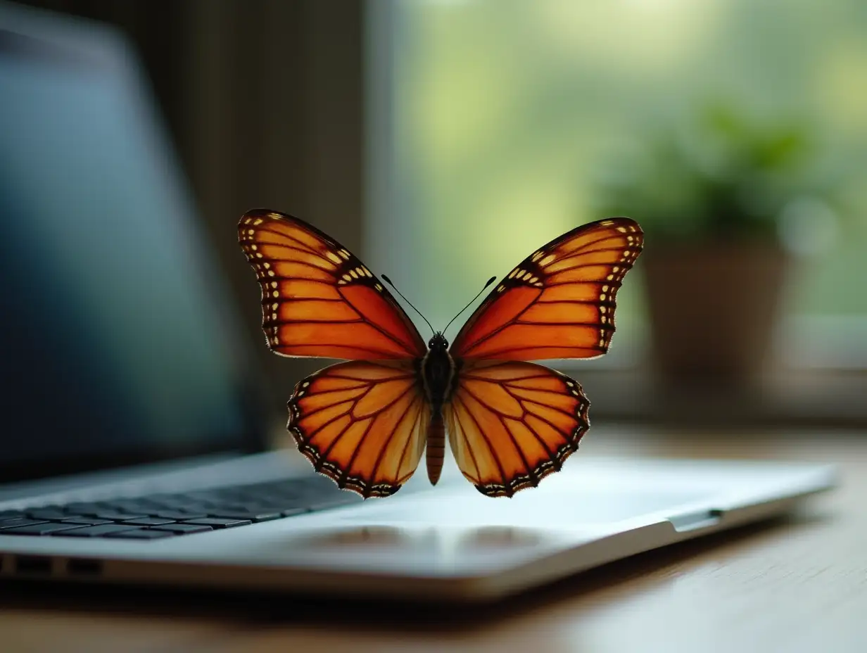 Butterfly posing with open wings on a laptop computer