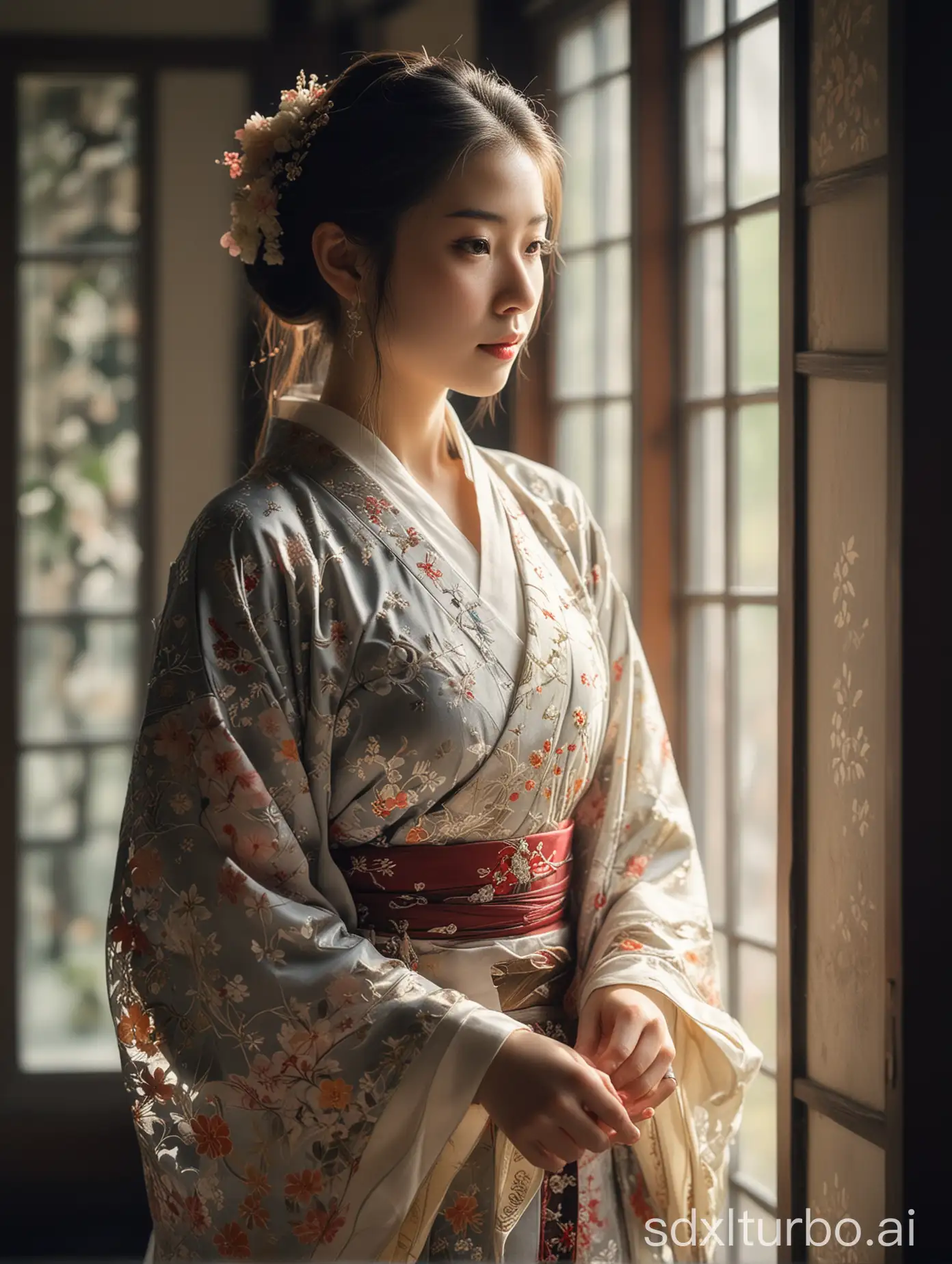 A young woman in a beautiful hanfu flowers, standing by the window. The light through the glass highlighted the intricate patterns on her clothes and the gentle expression on her face. The delicate accessories in her hair complement her traditional style and add a touch of elegance. Her poised, reflective demeanor and soft natural light create a serene, introspective atmosphere that evokes a sense of timeless elegance and heritage.