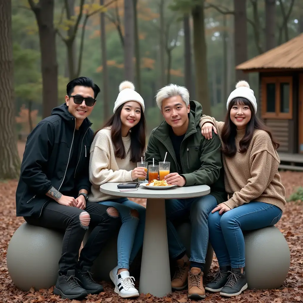 Group-of-Friends-Posing-for-Photo-at-Outdoor-Caf-in-Forest-Setting