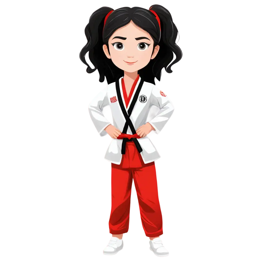 Cartoon-PNG-Image-of-a-6YearOld-Girl-in-Taekwondo-Gi-with-Long-Black-Wavy-Hair-and-Fair-Skin