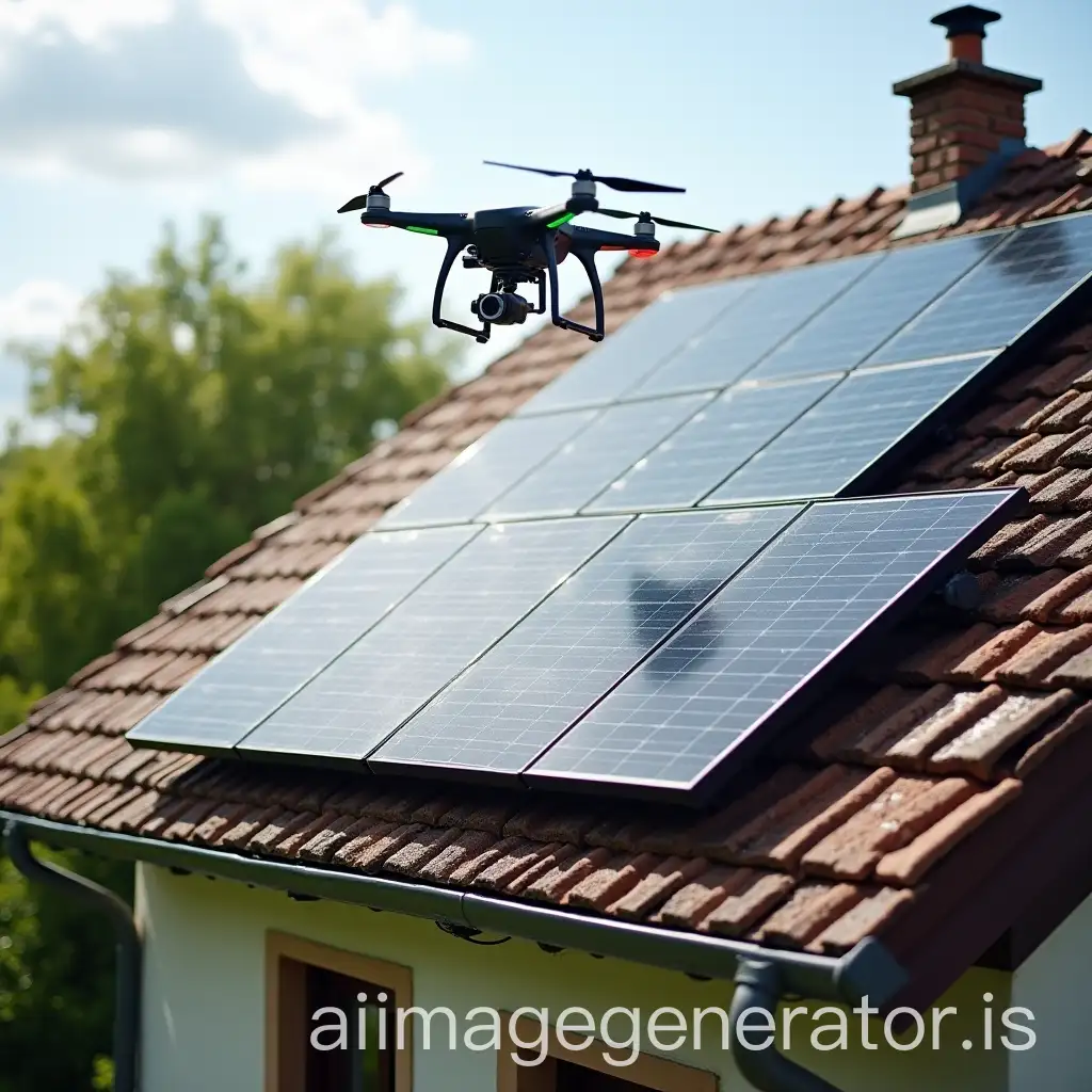 Drone-Inspecting-Solar-Panels-on-Traditional-House-Roof-in-French-Countryside