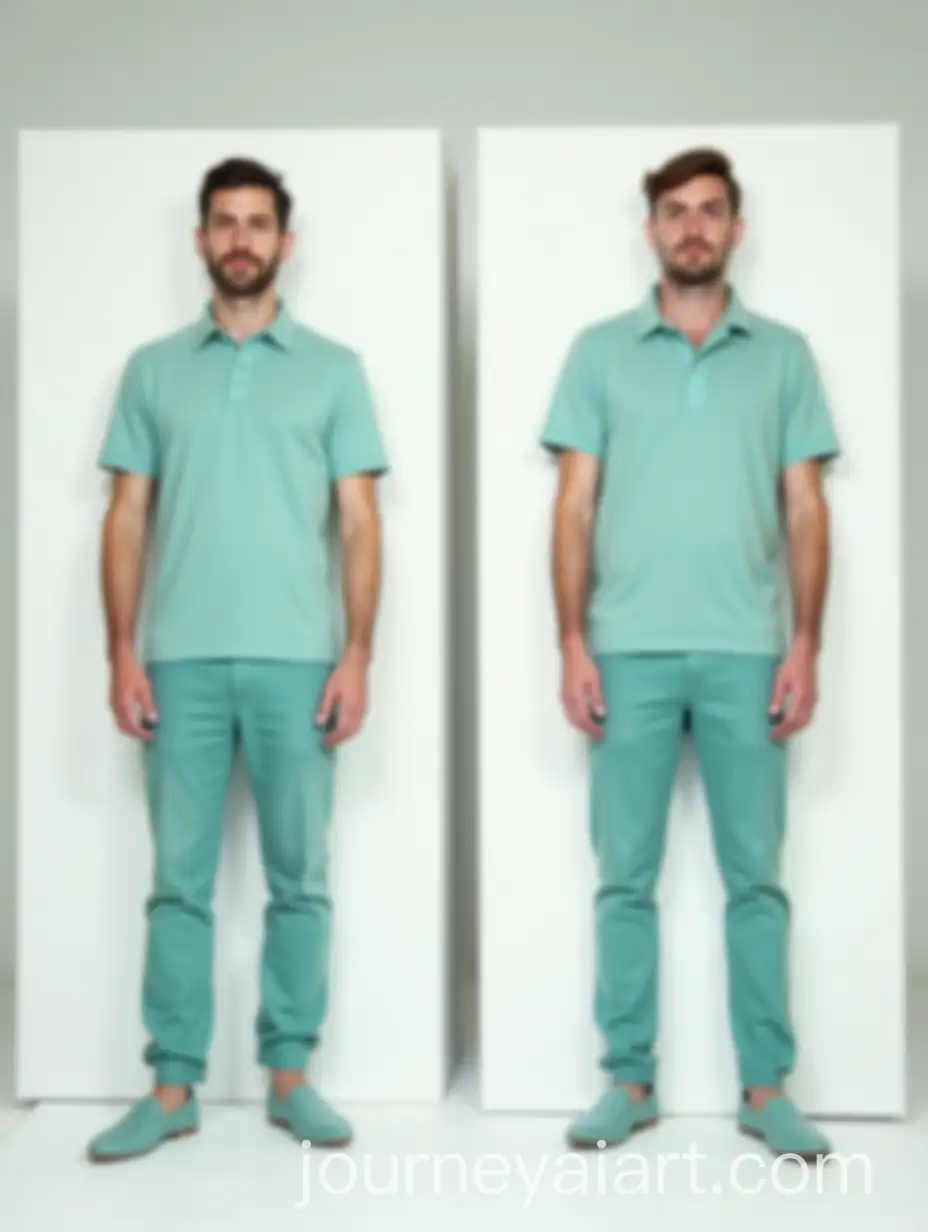 Two-Men-in-LightTeal-Clothing-Posed-on-White-Cardboard-Boxes