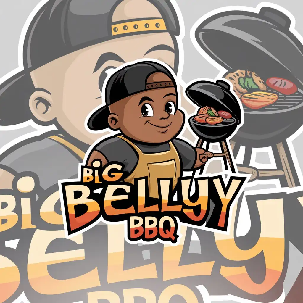 LOGO Design for BIG BELLYYY BBQ Black Kid with Gold Apron Bald Head Snap Back Cap Food on Grill 3D Rocker Font