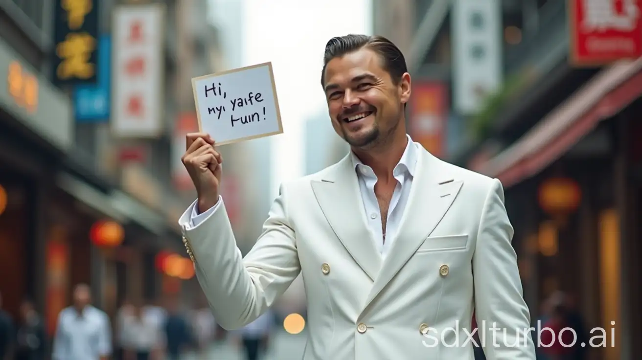 A hyper-realistic photograph of an incredibly, Full length body shot, beautiful, gorgeous, Leonardo DiCaprio, age 30, white suit with a low neckline, smiling, he is holding a paper displaying the text 'Hi, yafei, have fun', background is shanghai street views