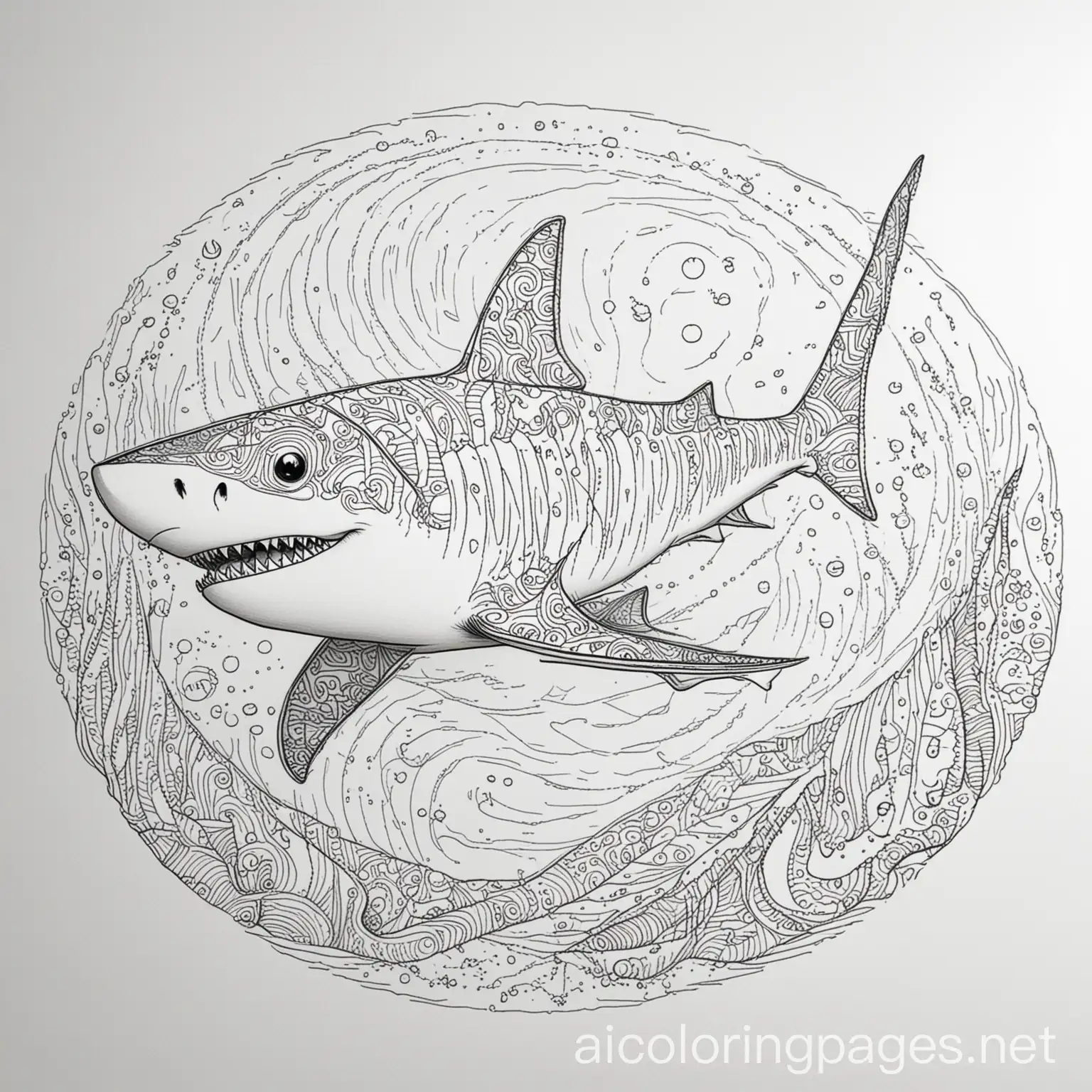 A Shark with vivid pattern inside of it, coloring book photo, thick lines,, Coloring Page, black and white, line art, white background, Simplicity, Ample White Space. The background of the coloring page is plain white to make it easy for young children to color within the lines. The outlines of all the subjects are easy to distinguish, making it simple for kids to color without too much difficulty