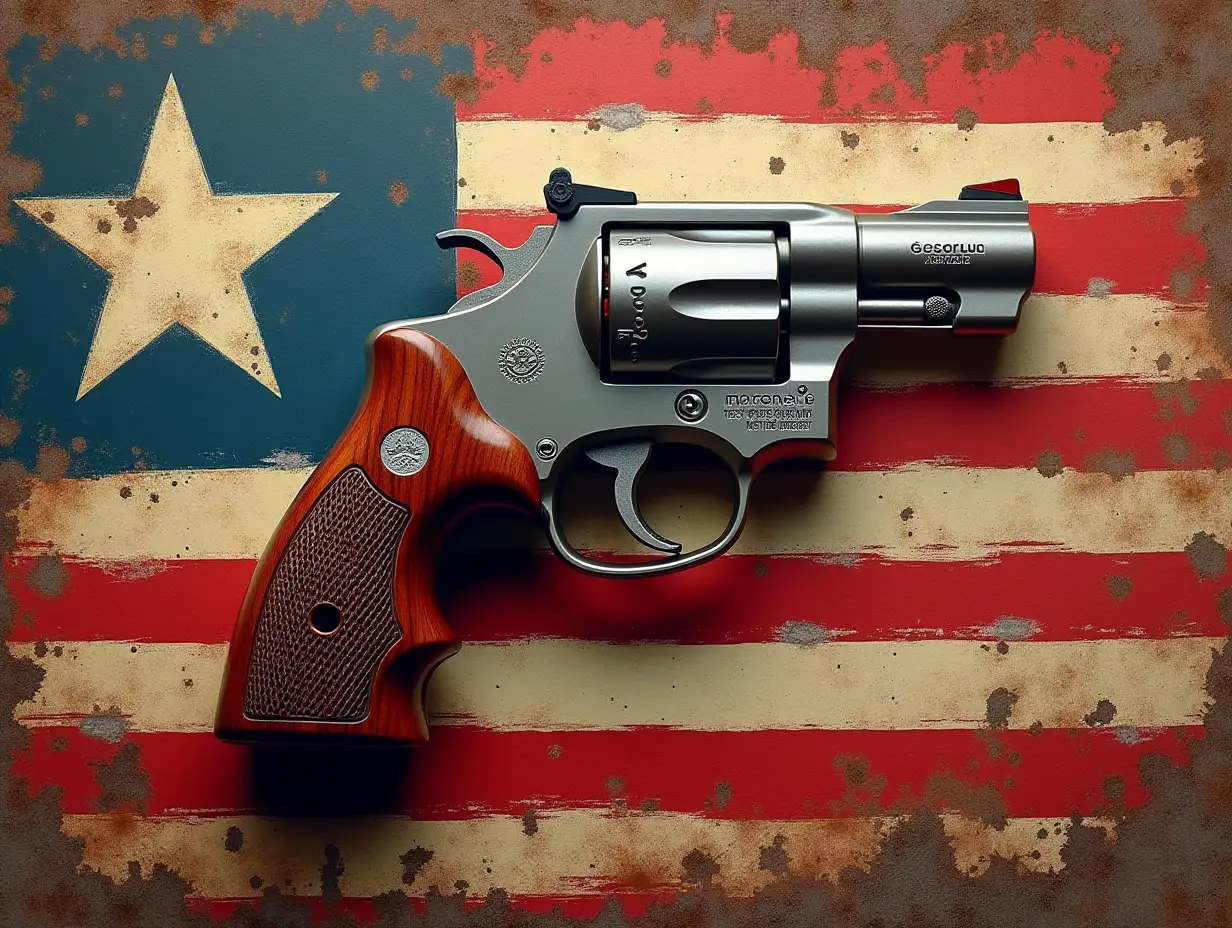 grunge-style . Revolver positioned prominently against a distressed American flag background, featuring bold red and white stripes with a subtle blue field containing stars. The revolver is highly detailed, showcasing a polished metallic finish contrasting with a richly grained wooden handle. The scene conveys a sense of patriotism with a gritty, vintage aesthetic, utilizing dynamic brush strokes for an artistic flair. The color palette includes deep reds, muted blues, and warm browns, with splashes of paint that hint at a rugged, rebellious spirit. The overall style leans towards hyperrealistic with an emphasis on texture and detail in both the firearm and flag elements, embodying themes of freedom and power.