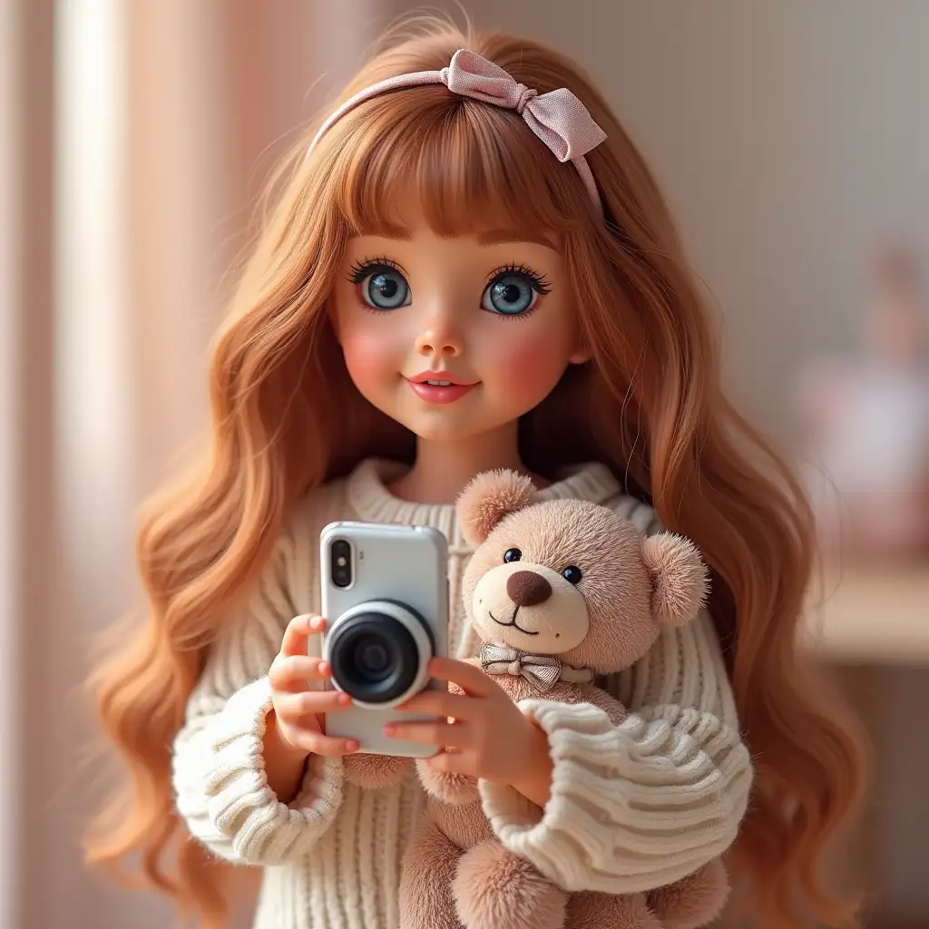 A beautiful doll with a phone, camera, and teddy bear,