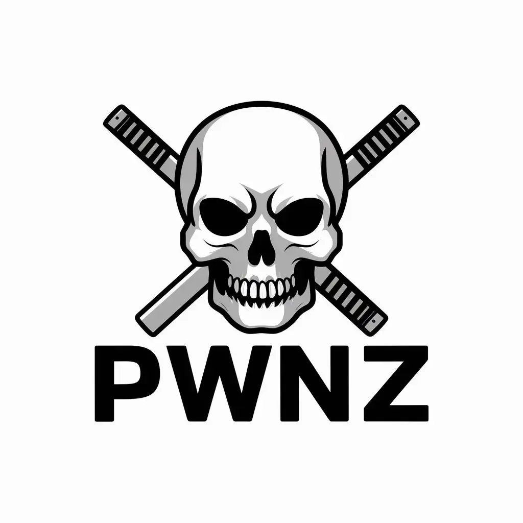 a vector logo design,with the text "pwnz", main symbol:Skull, sabres,Moderate,clear background