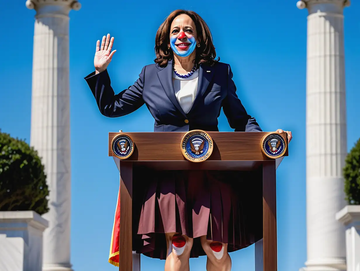 Kamala Harris clown  dressed like a roman general in a skirt on a podium / whitehouse behind/ in bright daylight / blue sky /perfect day-