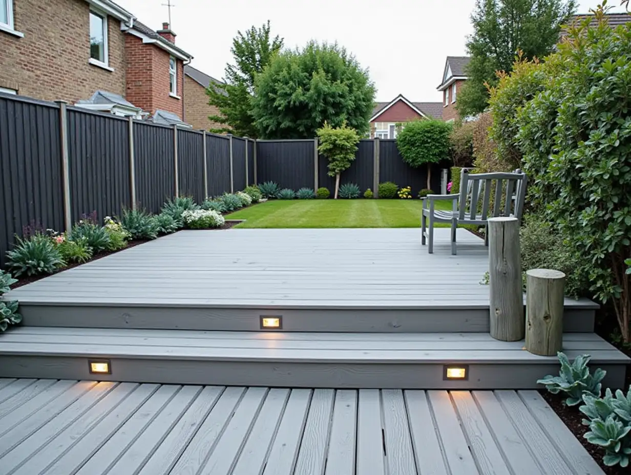 Ash-Grey-Composite-Decking-with-Two-Levels-and-Deck-Lights-for-Landscape-Gardener