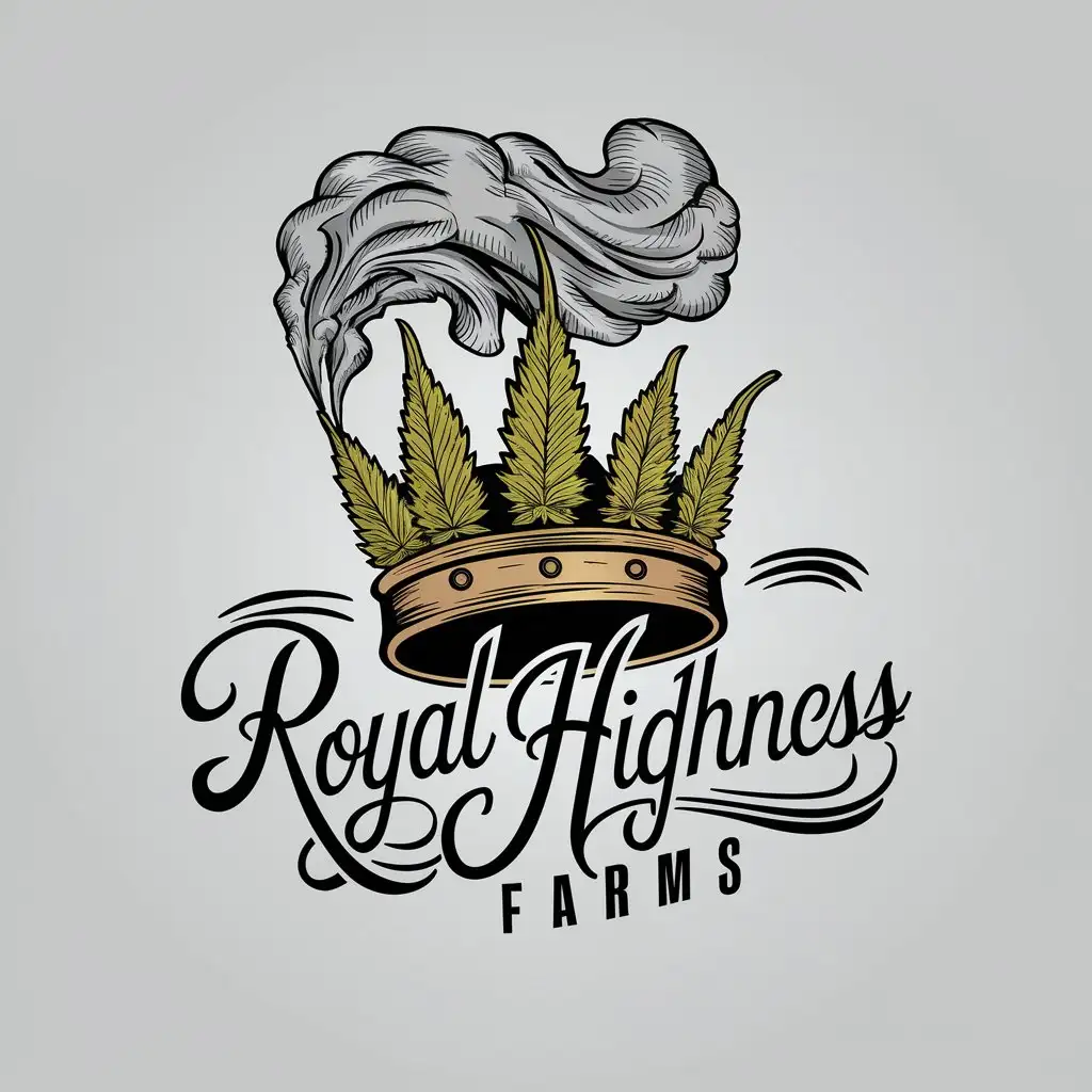 LOGO Design for Royal Highness Farms Crown Made of Marijuana Leaves with Smoke and Complex Elements