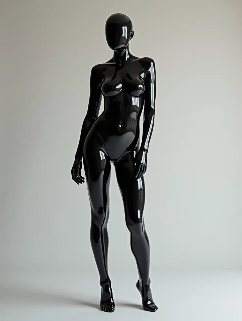 a black figure in a transparent clear glossy plastic leggings and catsuit, Form-fitting, show legs and feet too