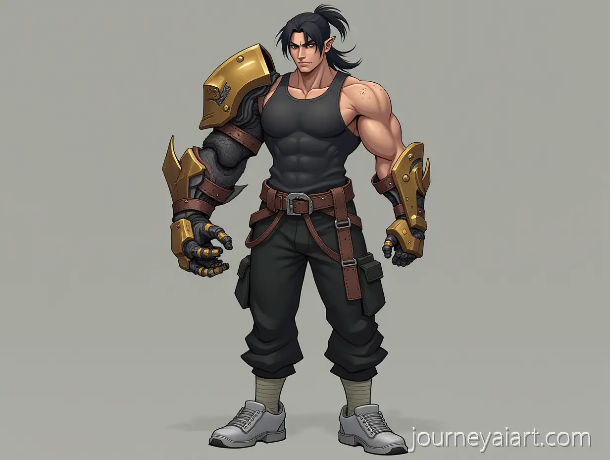 Slender-Male-Fighter-with-Mechanical-Arm-and-Freckles-in-Black-Outfit
