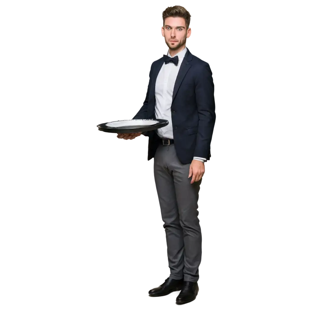 Butler man dressed holding an empty tray. Full body image.