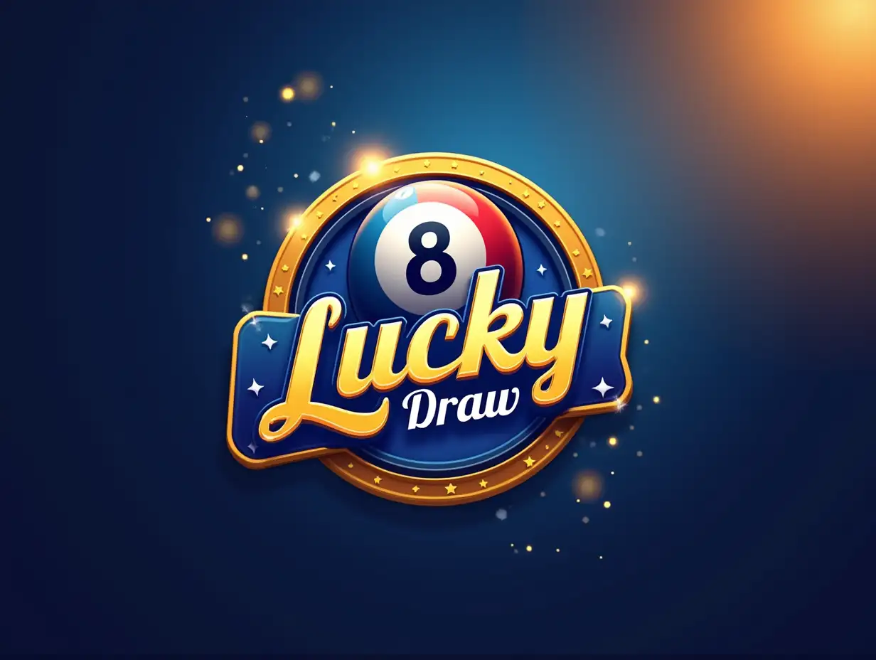 make me a logo that has gradient blur effect on the background, lottery ball in the middle layer and the name Lucky Draw on the front with outlining of text use a combination of gold white and blue colors