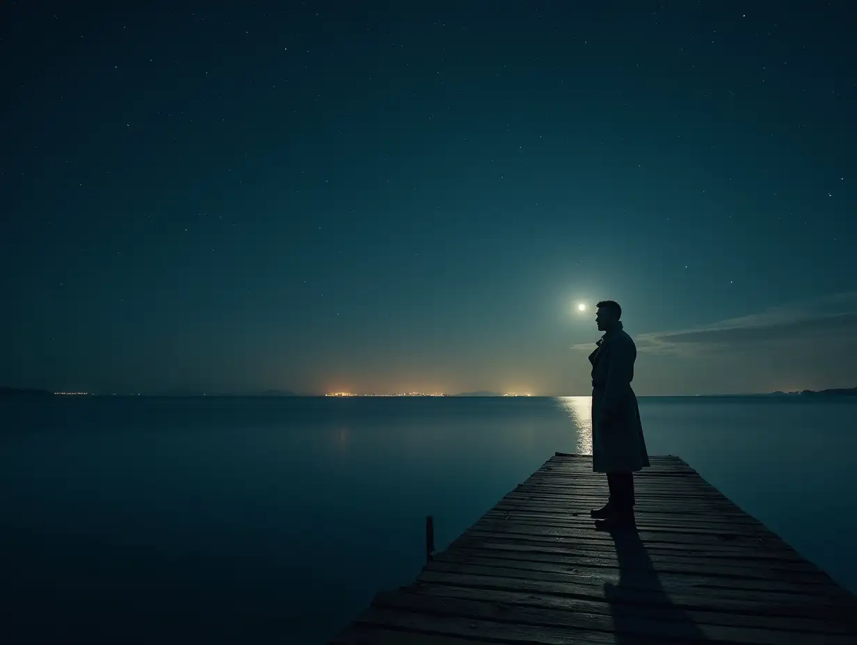 Handsome-Man-in-1930s-Raincoat-on-Pier-Under-Starry-Night-Sky