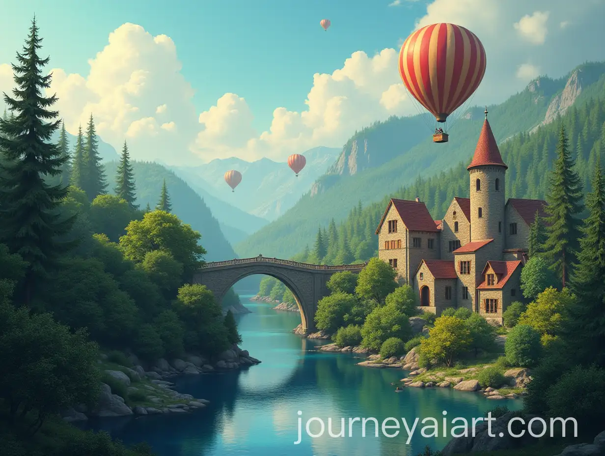 Scenic-Forest-Town-with-Bridge-Hot-Air-Balloon-and-River