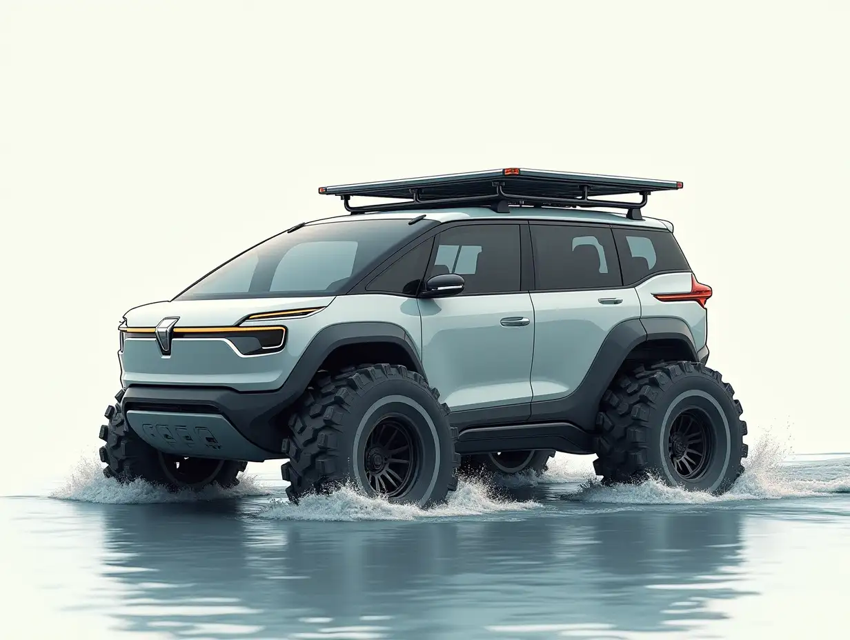 draw an amphibious all-terrain vehicle that can swim on 6 pneumatic wheels for 4 people in the form of a minivan with electric traction and solar panels from the future