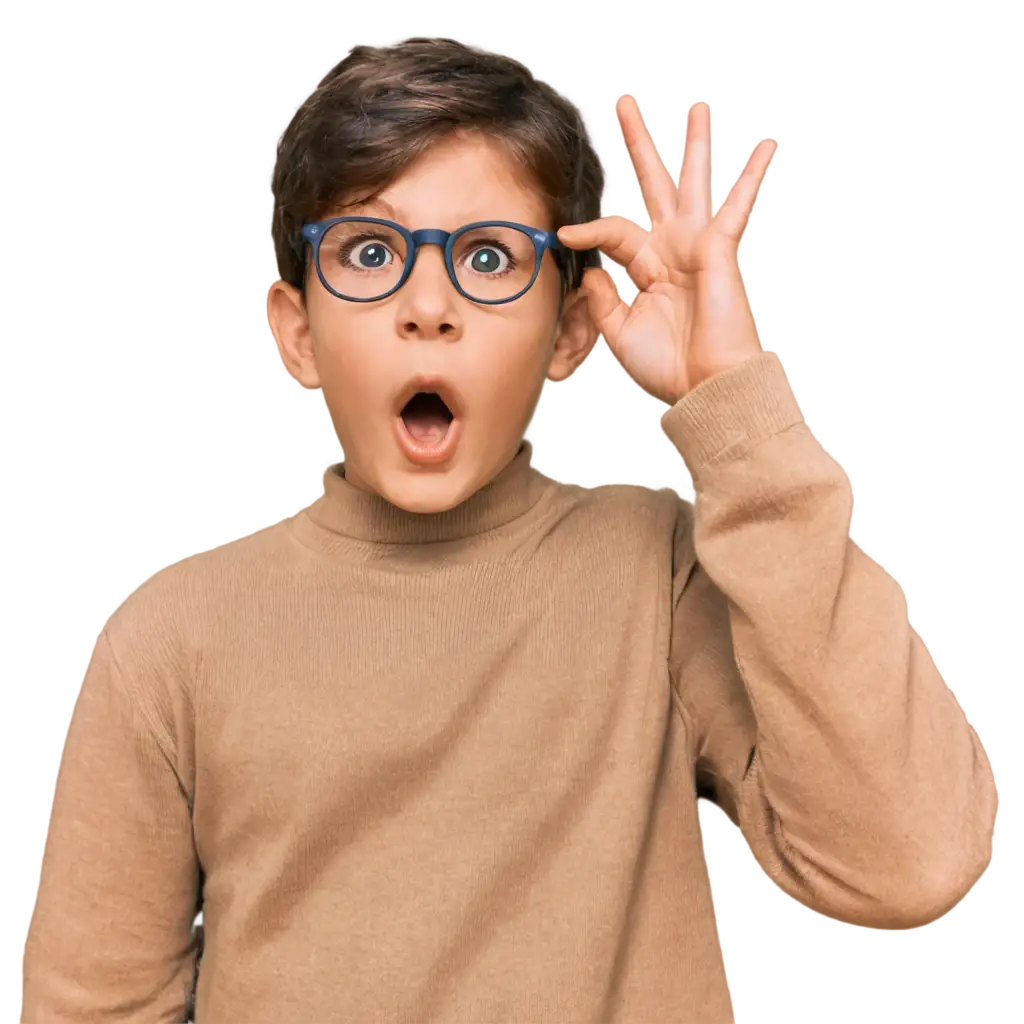 a boy wearing glasses shocked at something