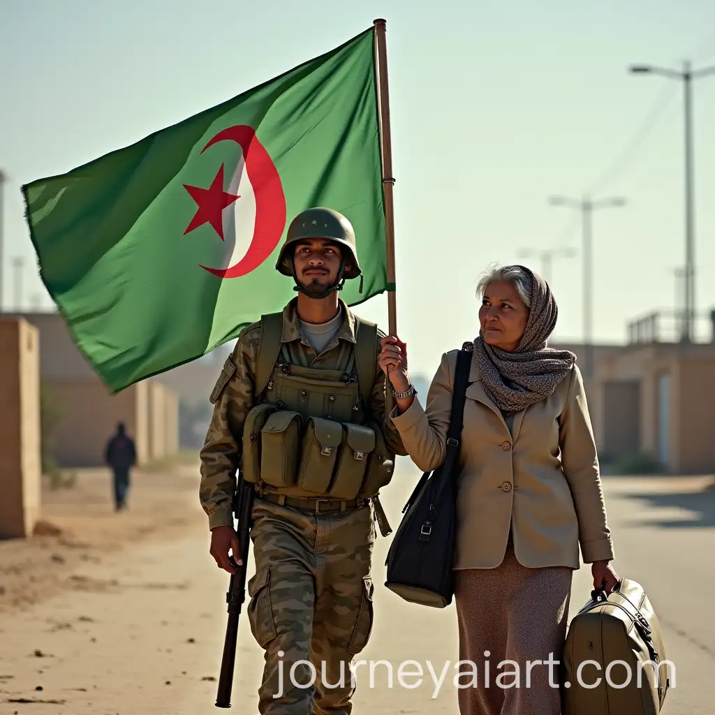 Soldier-and-Mother-Saying-Goodbye-with-Algerian-Flag-and-Bags
