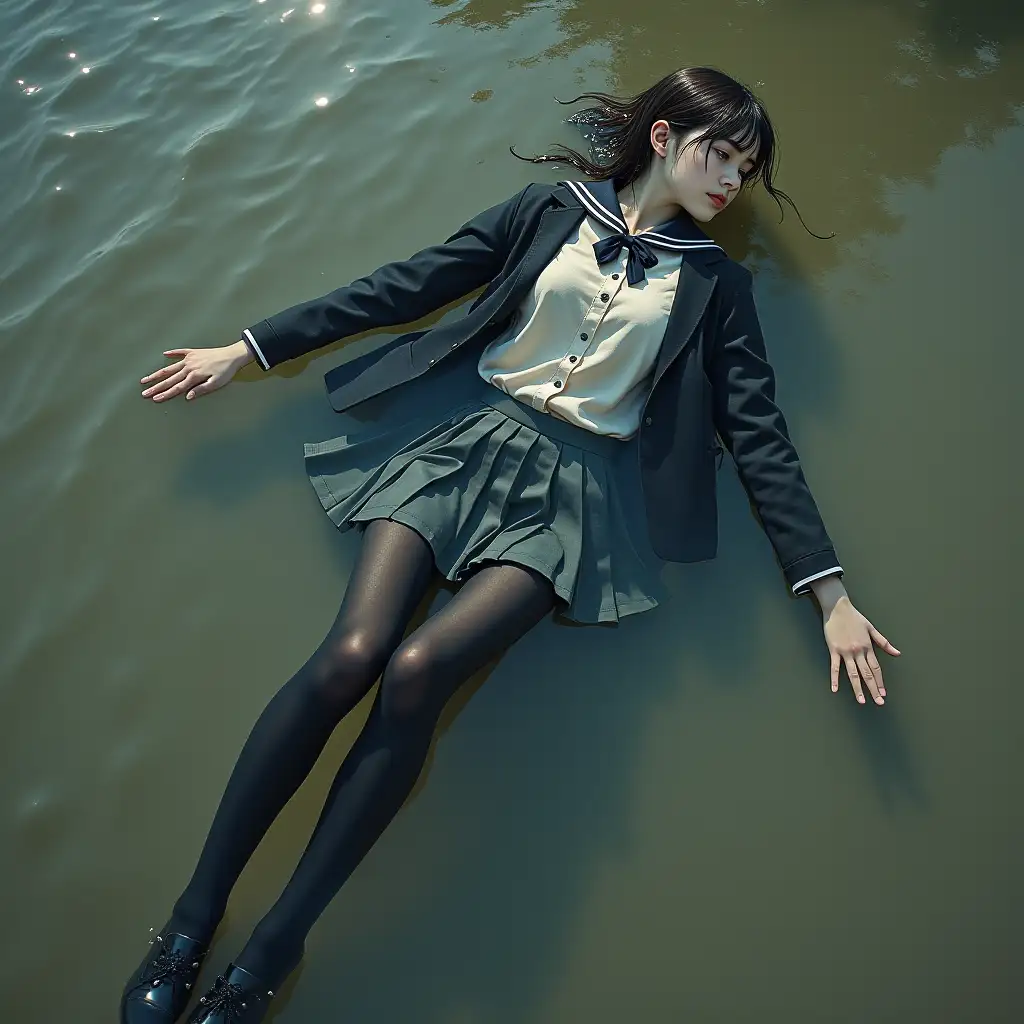 Schoolgirl in a school uniform, in a skirt, jacket, blouse, dark tights, high-heeled shoes. She is swimming in a dirty pond, lying underwater, all her clothes are completely wet, wet clothes stick to her body, the whole body is underwater, submerged in water, under the surface of the water, below the water's edge. Dripping.