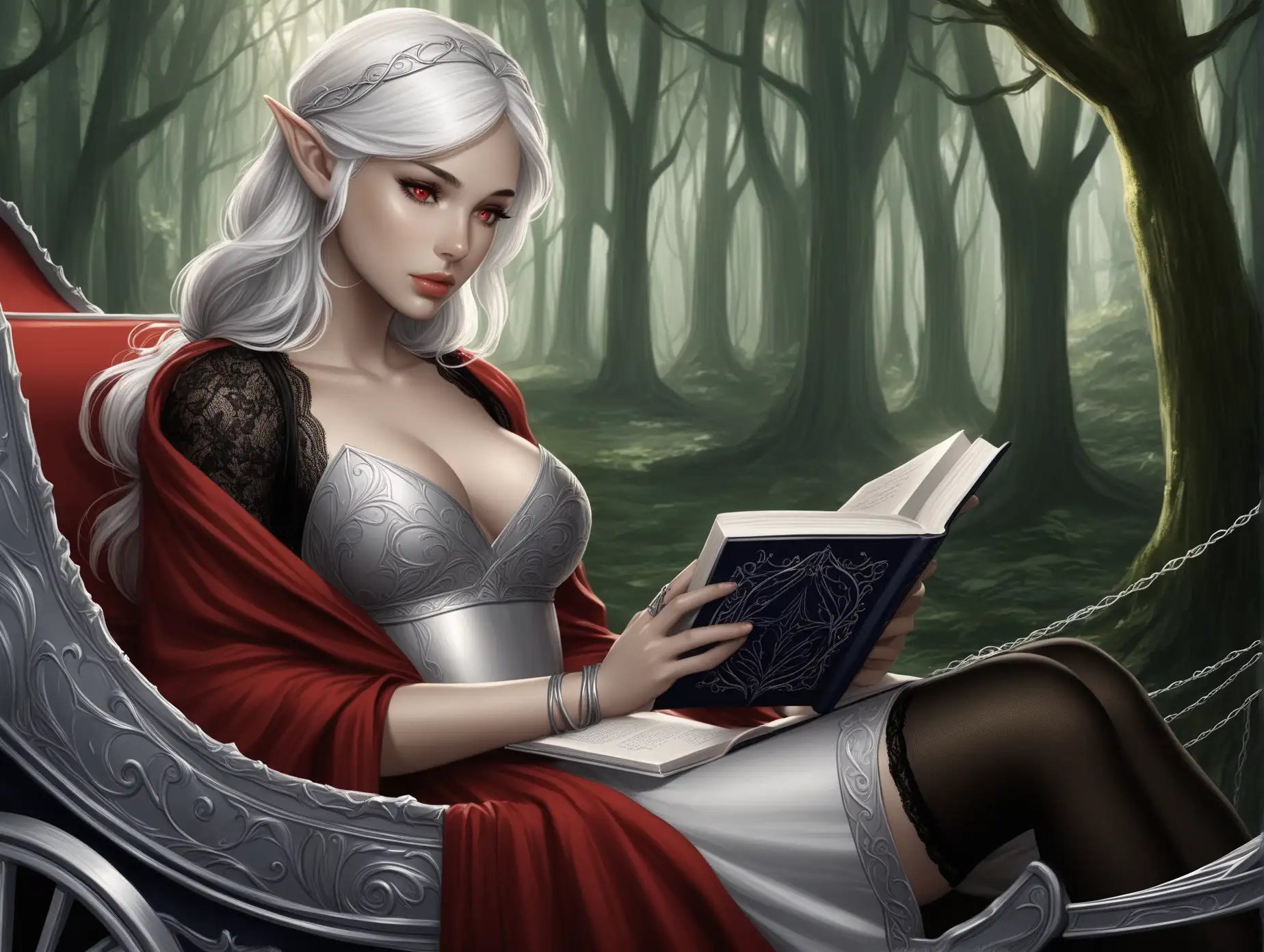 Elf-with-White-Hair-and-Red-Eyes-Reading-a-Book-in-a-Carriage-in-the-Forest