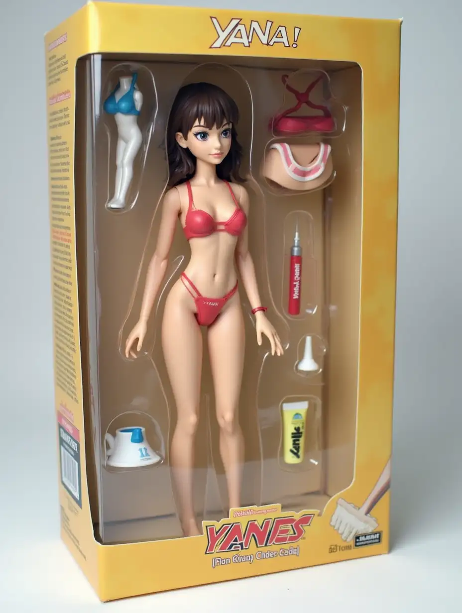 Create a posable action figure set based on the character in the photo, keeping their distinct features. The set includes one figure modeled after the photo’s character with busty features along with [DECORATIVE ITEMS, BIKINI, SUNSCREEN,CAN BE MULTIPLE]. The packaging box is titled [YANA] in bold text