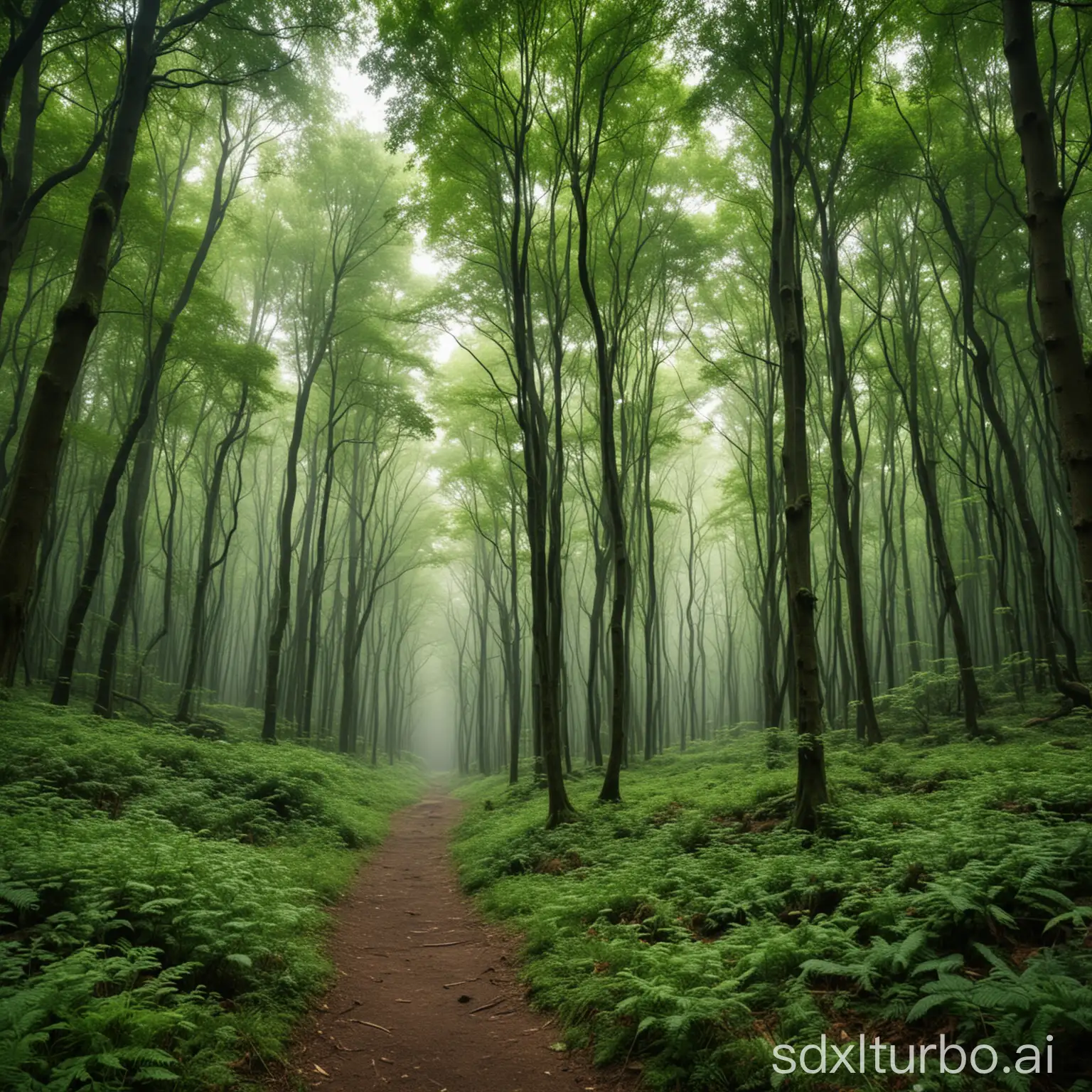 Lush-Greenery-Forest-Landscape-with-Sunlight-Filtering-Through-Trees