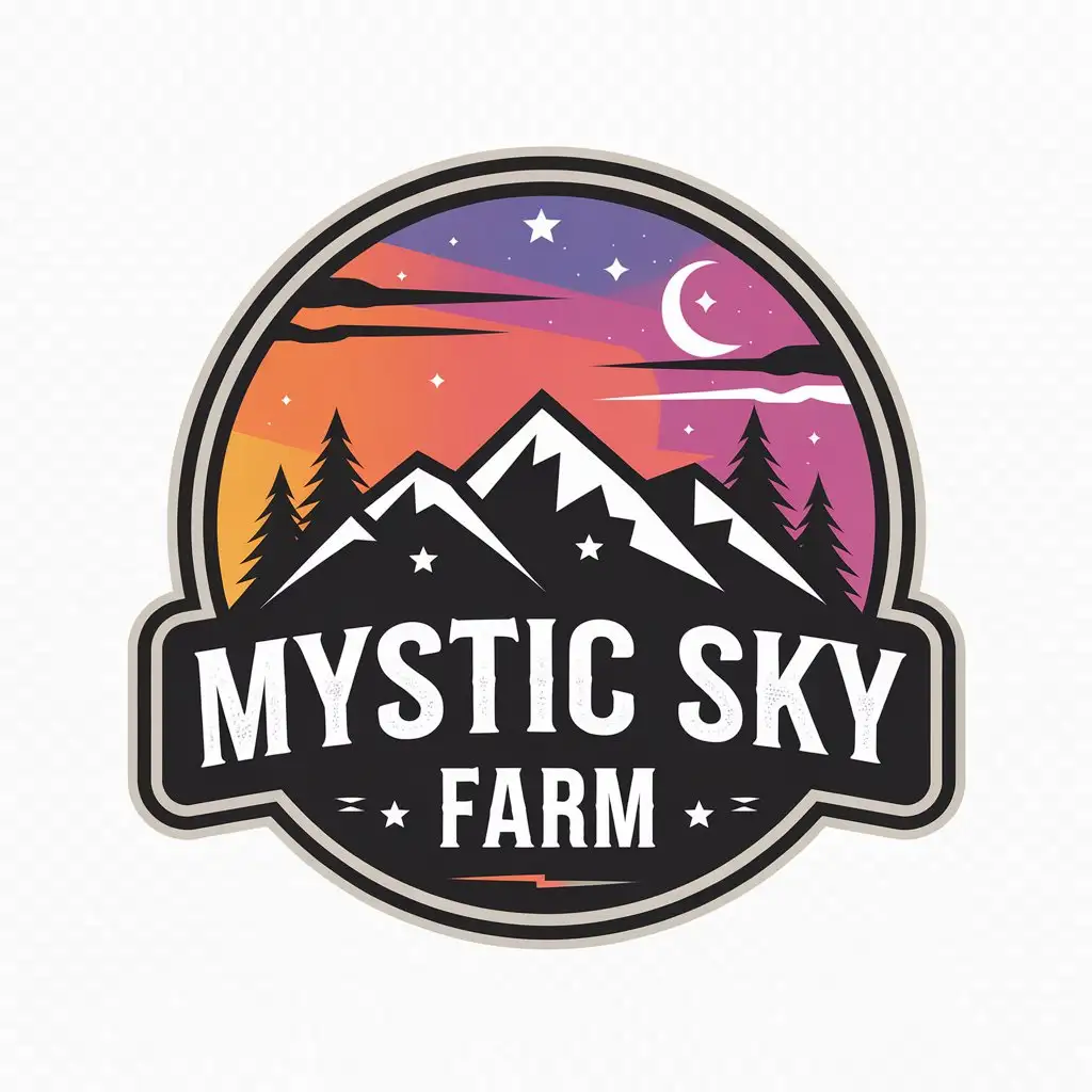 LOGO Design for Mystic Sky Farm Vector Design with Small Mountains Pine Trees OrangePinkPurple Evening Sky Moon and Stars Theme